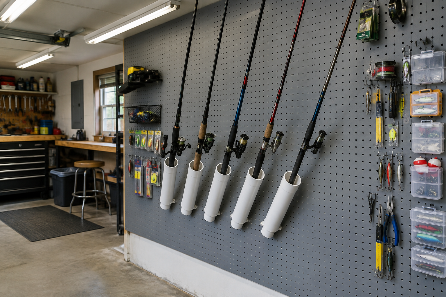 PVC pipe fishing rod holders angled on gray garage pegboard wall with tackle hooks
