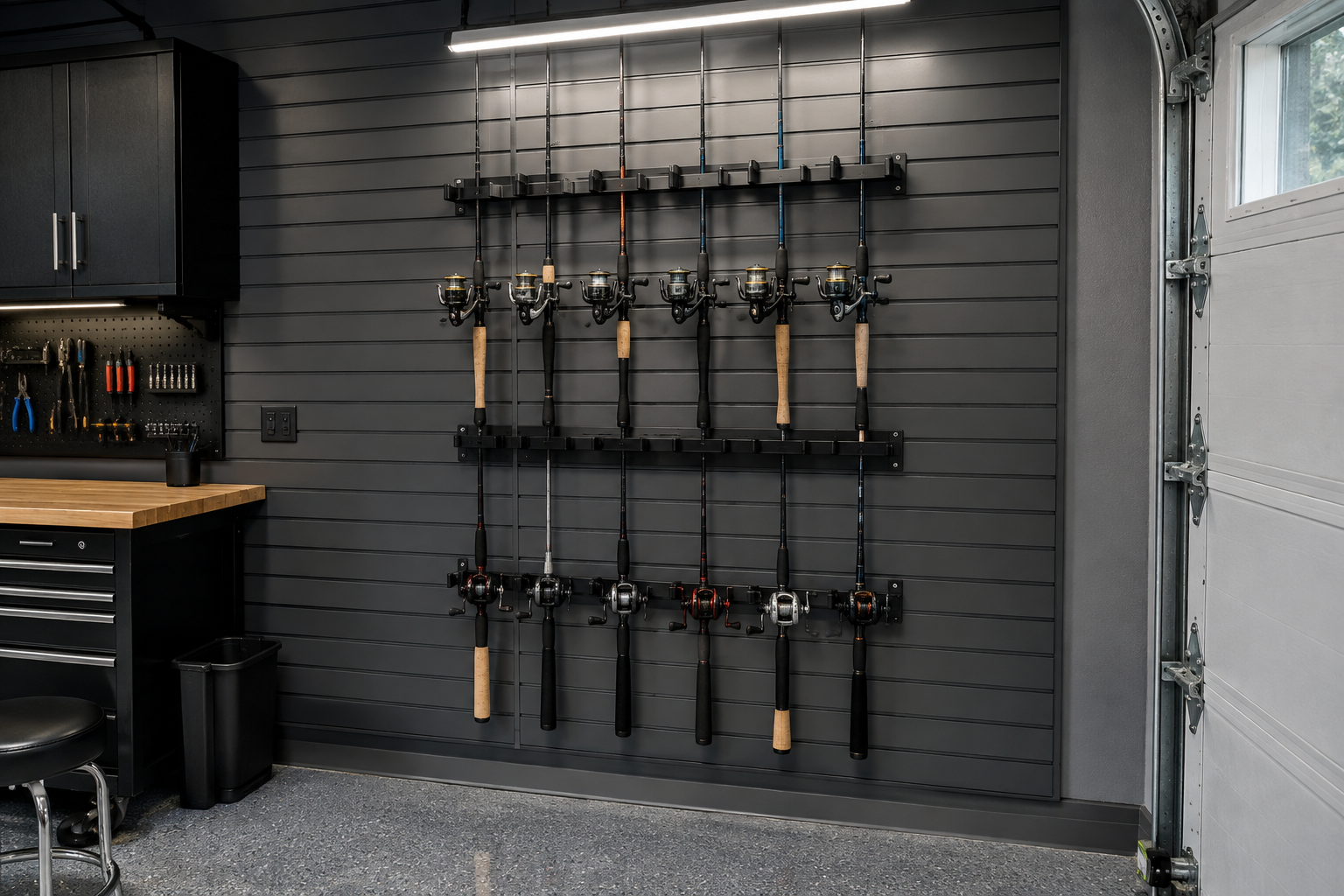 Charcoal slatwall panel with two rows of black metal fishing rod holders holding twelve rods