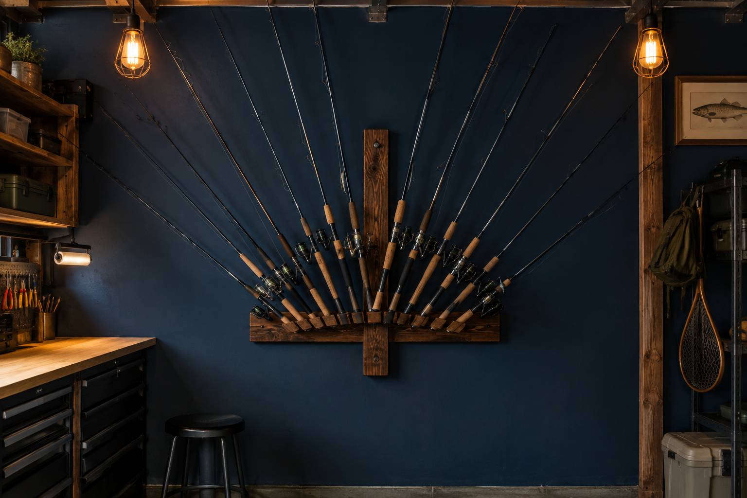 Reclaimed barn wood fan-style fishing rod display rack on navy blue garage wall