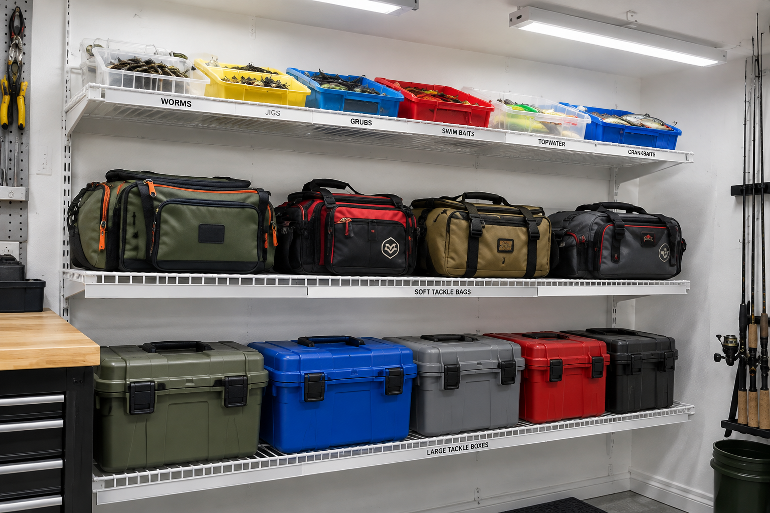 White wire garage shelving holding organized rows of colorful fishing tackle boxes and bags