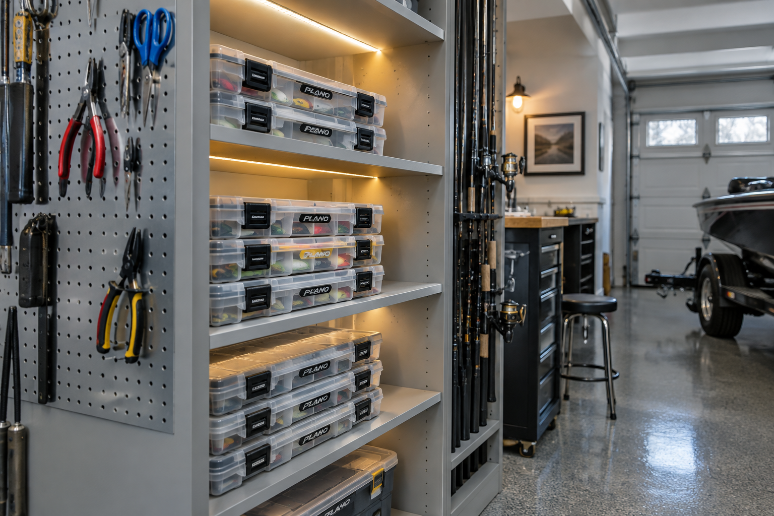 Gray plywood built-in shelving unit with clear-lid Plano tackle boxes and side pegboard panel