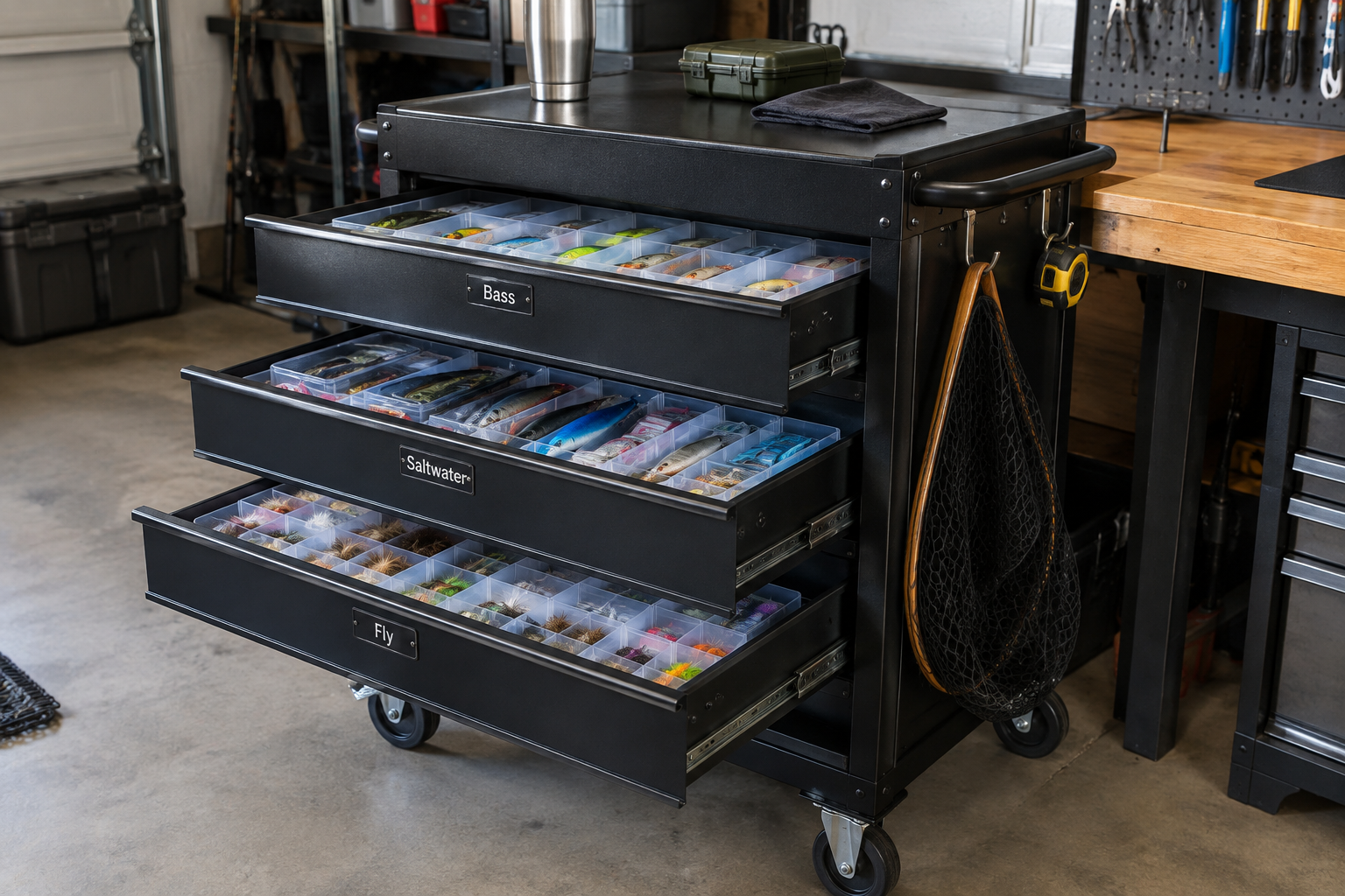 Black rolling metal utility cart with labeled tackle tray drawers used as fishing gear storage