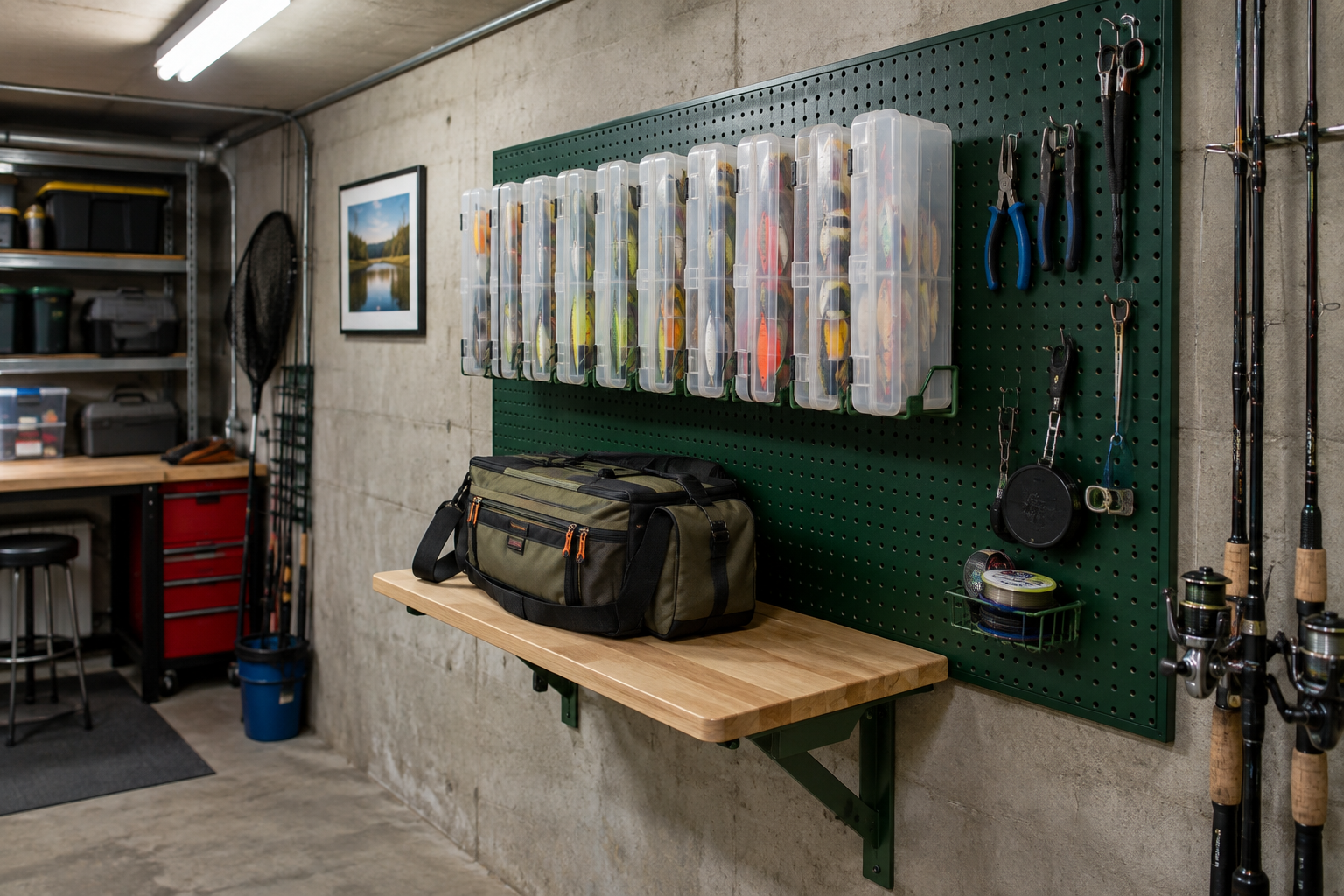 Green pegboard garage wall with vertical clear plastic tackle trays stored like books on hooks
