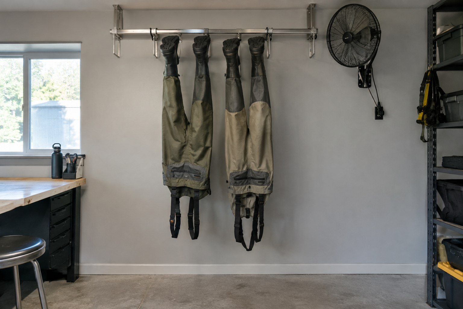 Stainless steel ceiling-mounted wader drying rack holding two pairs of chest waders upside down