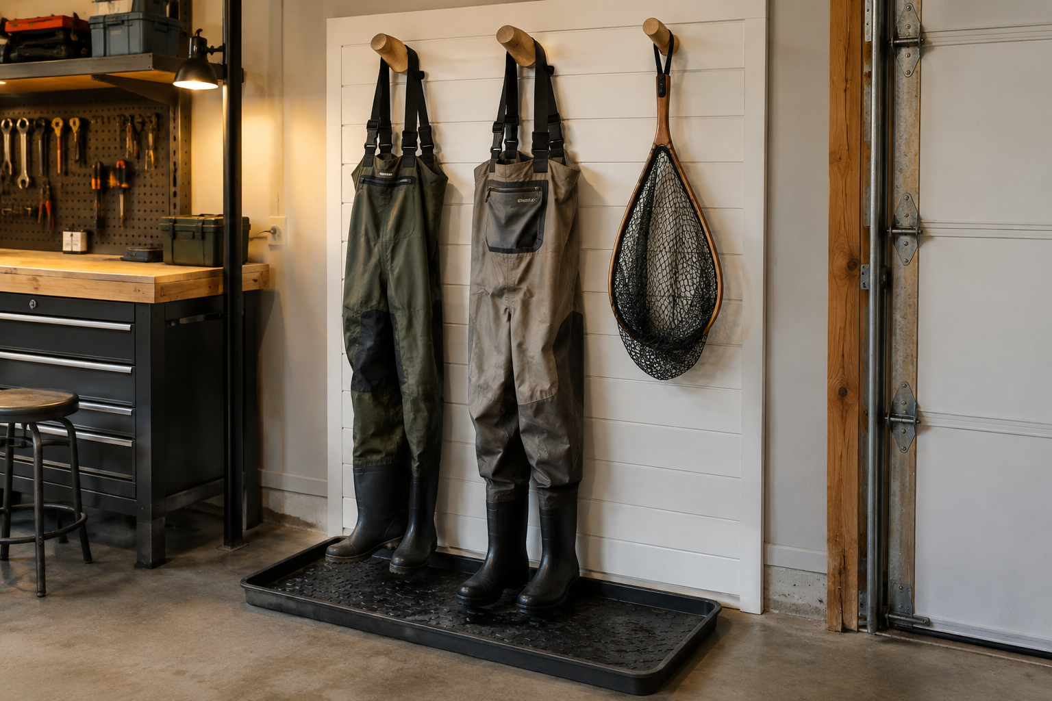 White shiplap wader and landing net storage station with wooden dowel hooks and floor boot tray