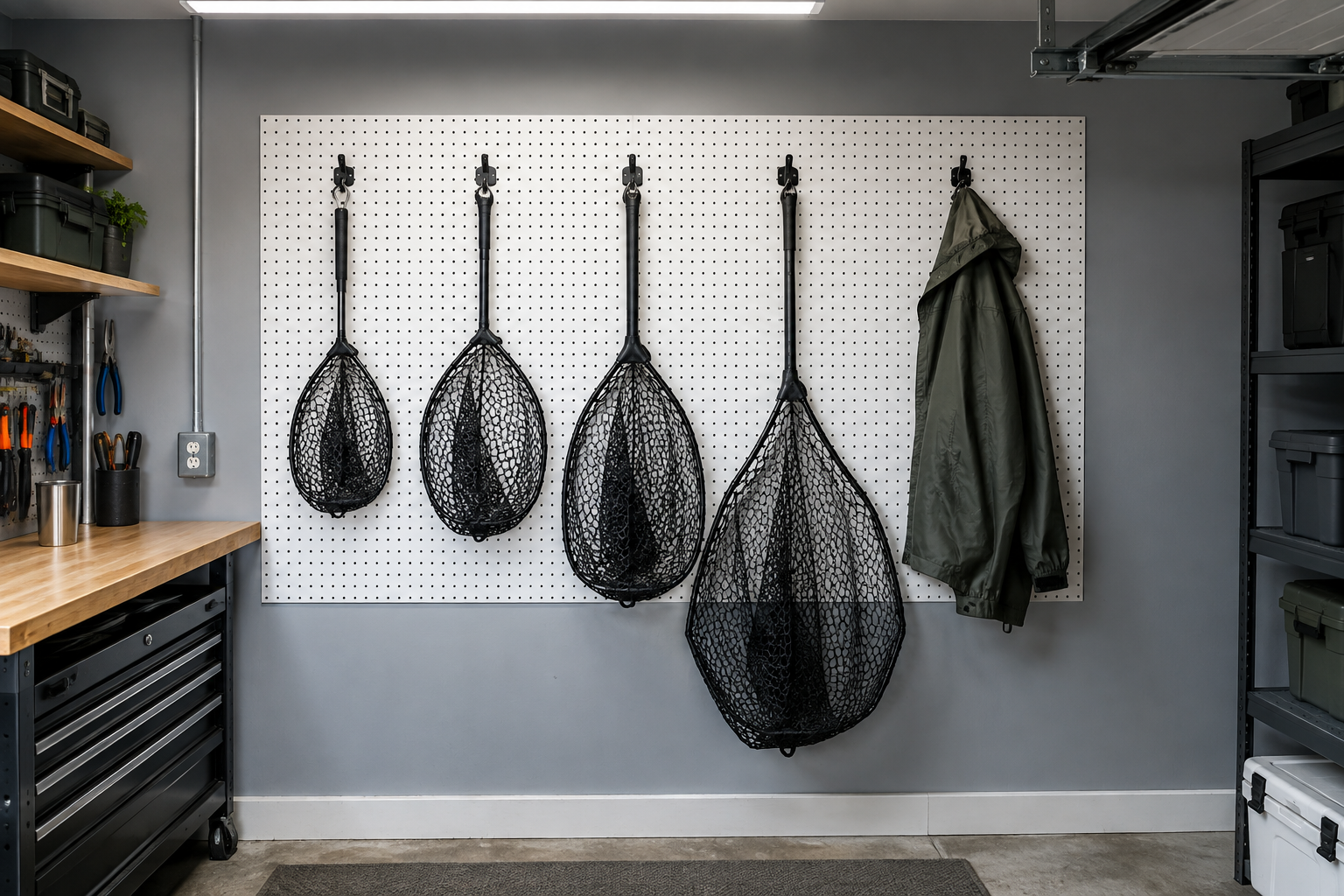White pegboard garage wall with four rubberized hooks holding fishing nets sorted by size