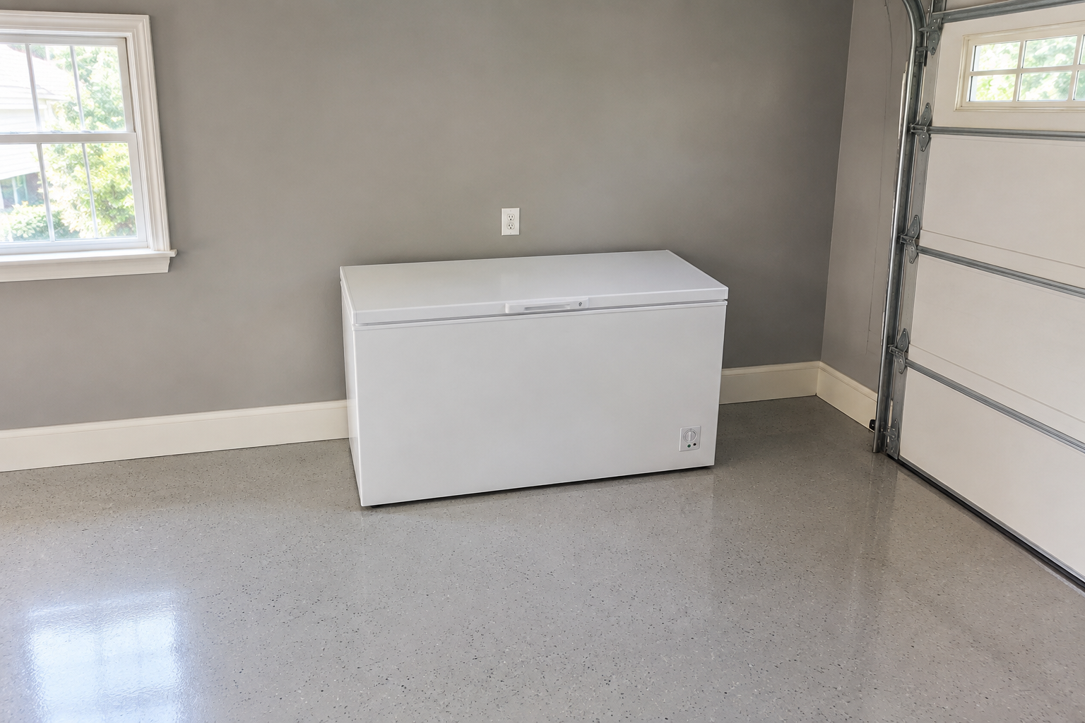 White chest freezer placed along a clean gray garage wall with proper clearance