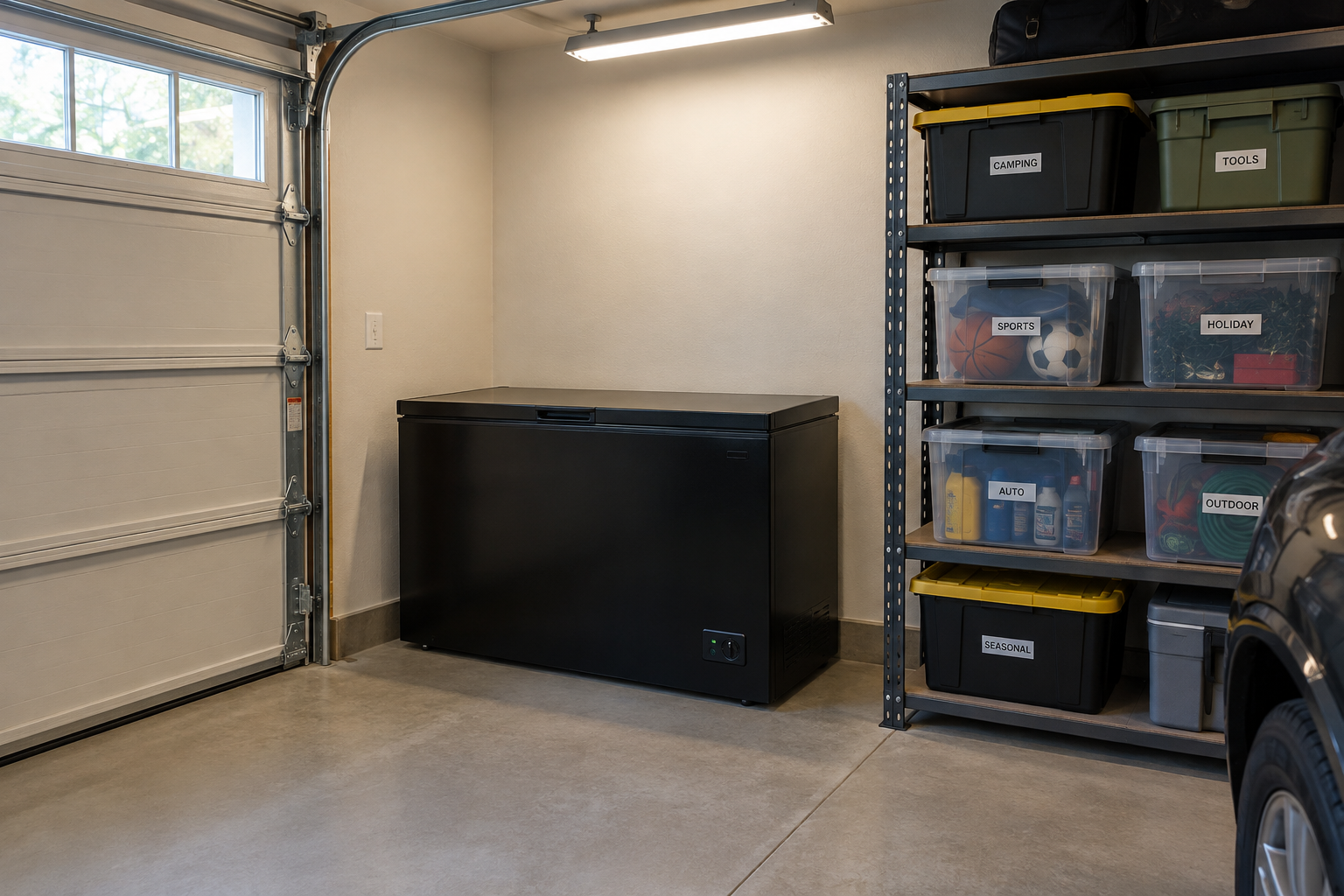 Black chest freezer in garage corner beside labeled metal shelving unit