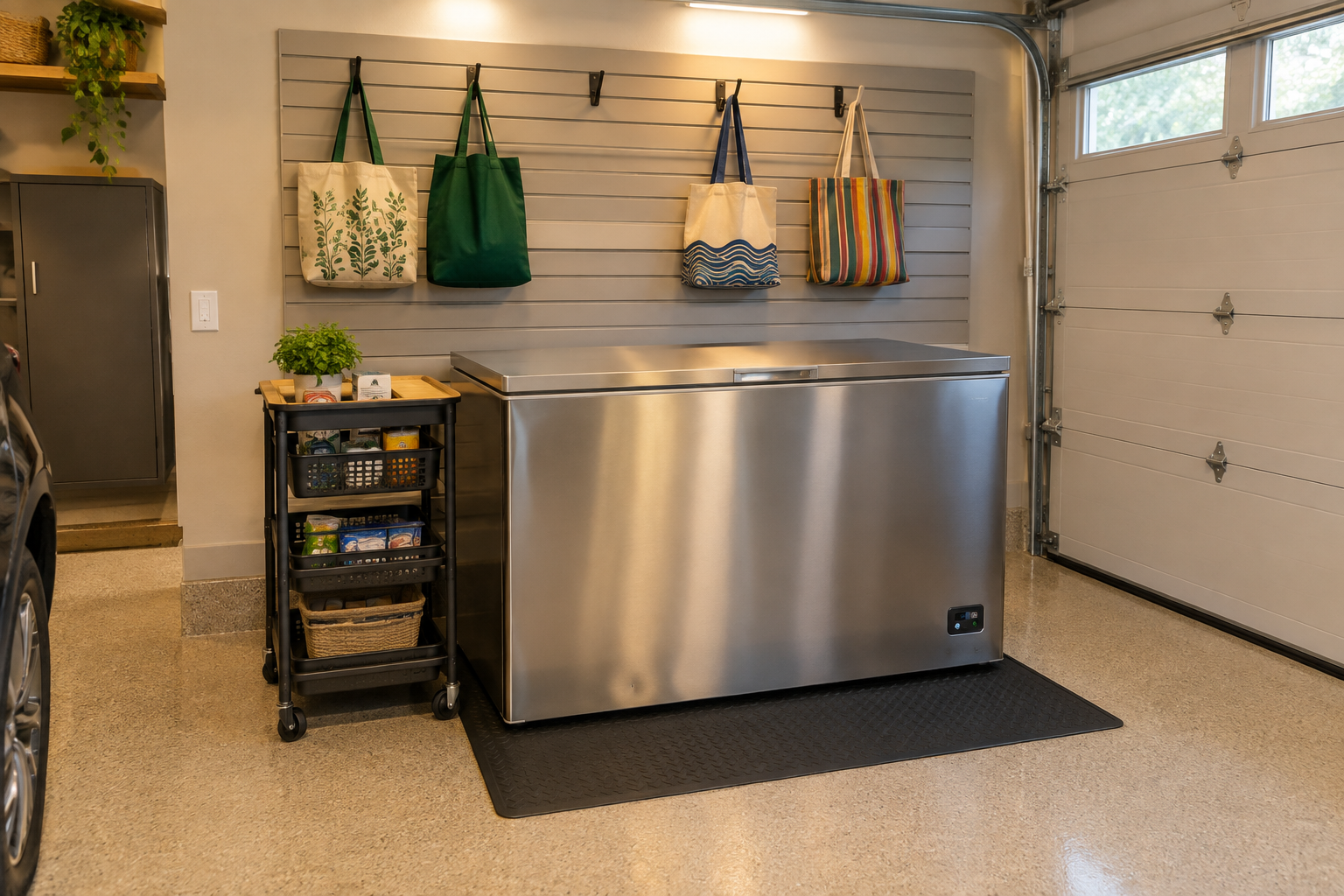 Stainless chest freezer on rubber mat with rolling staging cart beside it in garage