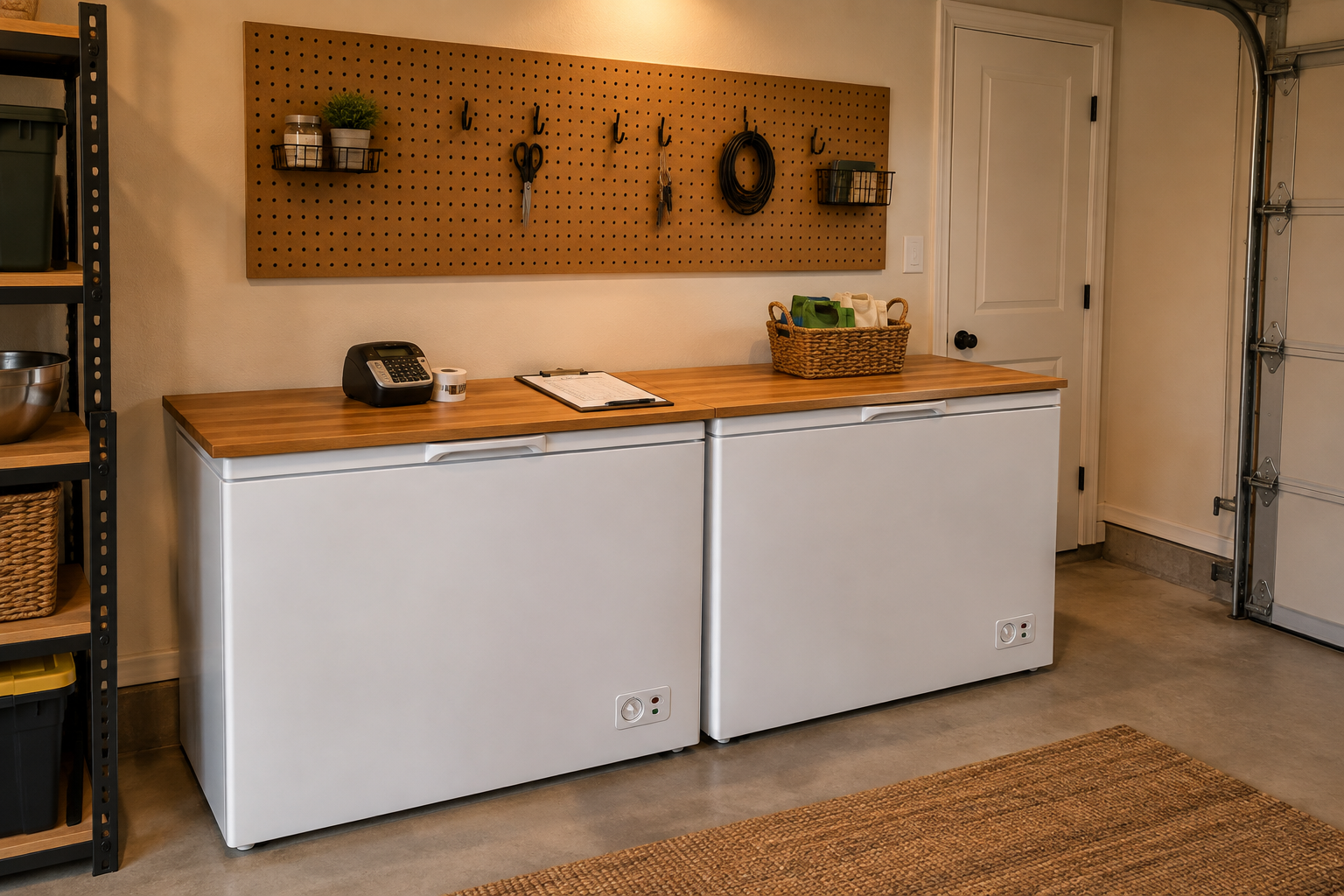 Two white chest freezers side by side with shared countertop workspace above them