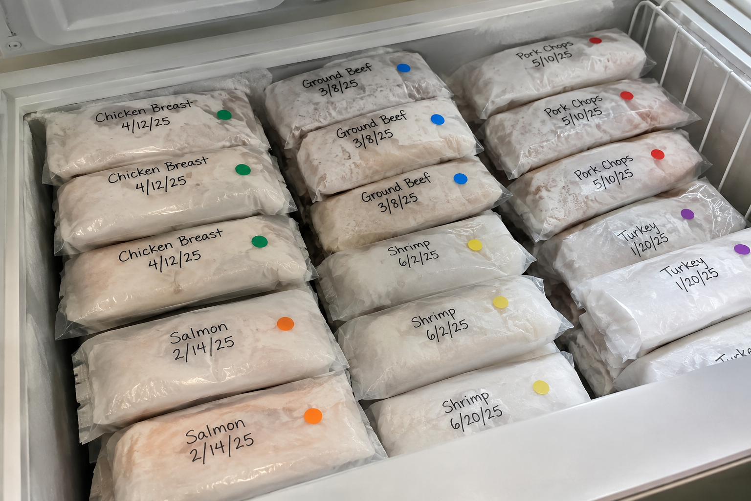 Labeled freezer bags with date and color-coded dot stickers inside a chest freezer