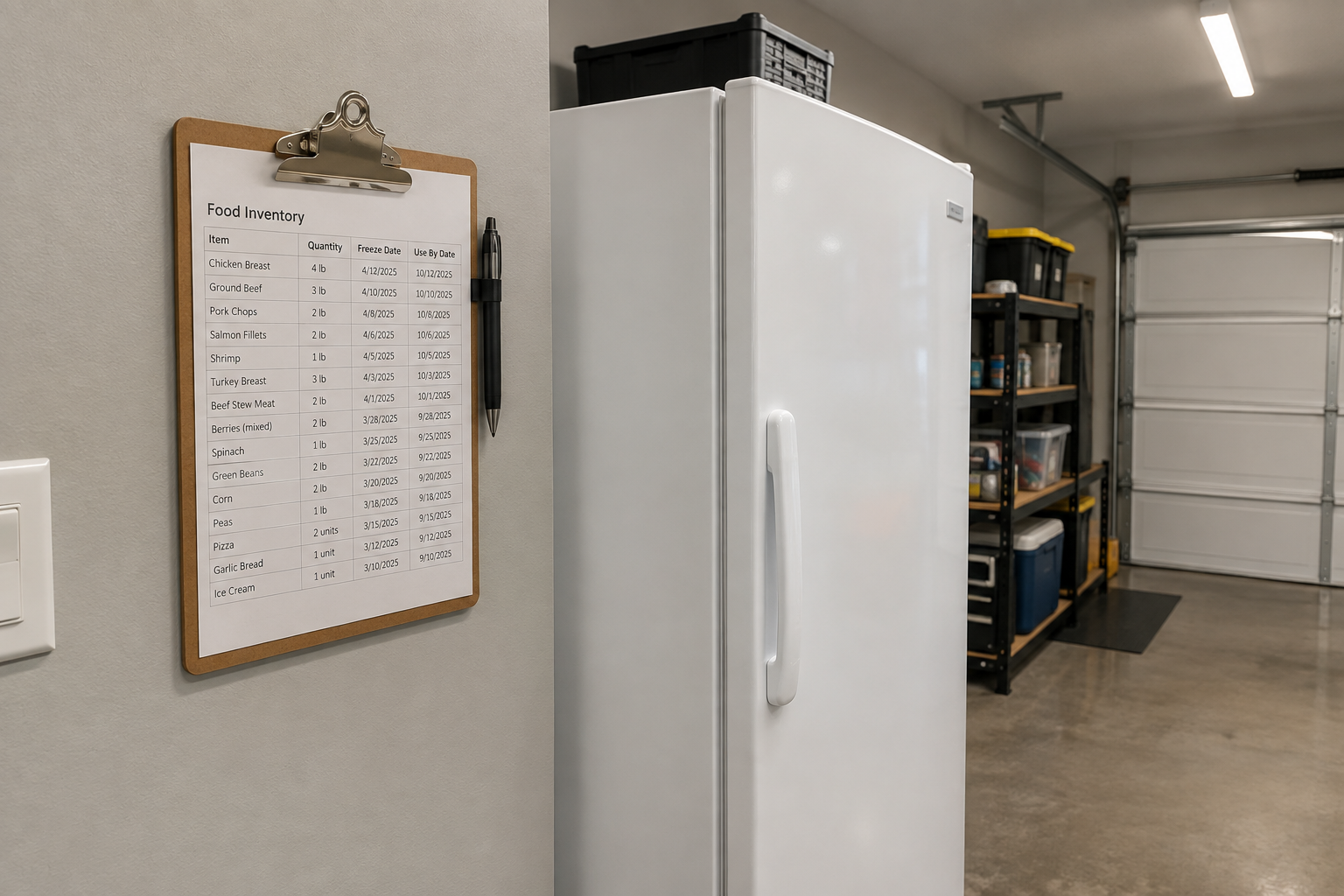 Printed freezer inventory clipboard hanging on garage wall beside upright freezer