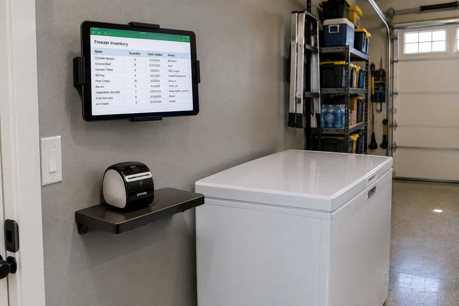 Tablet mounted on garage wall beside chest freezer displaying digital freezer inventory spreadsheet