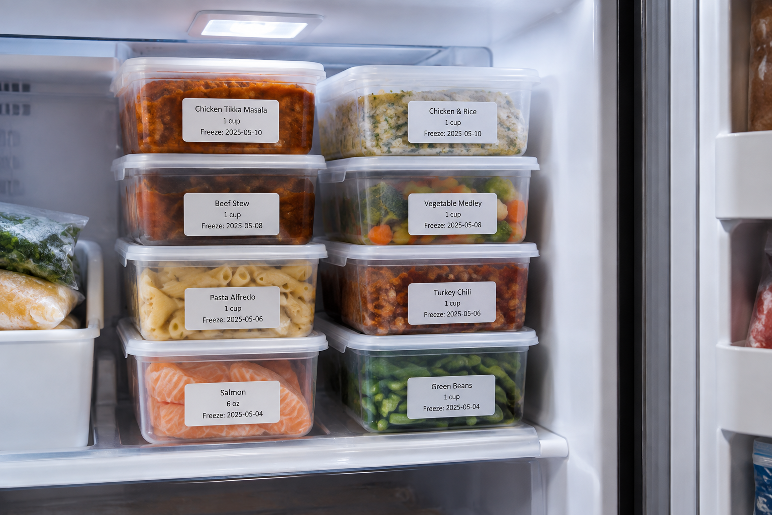 Clear freezer containers with printed adhesive labels showing food name and freeze date