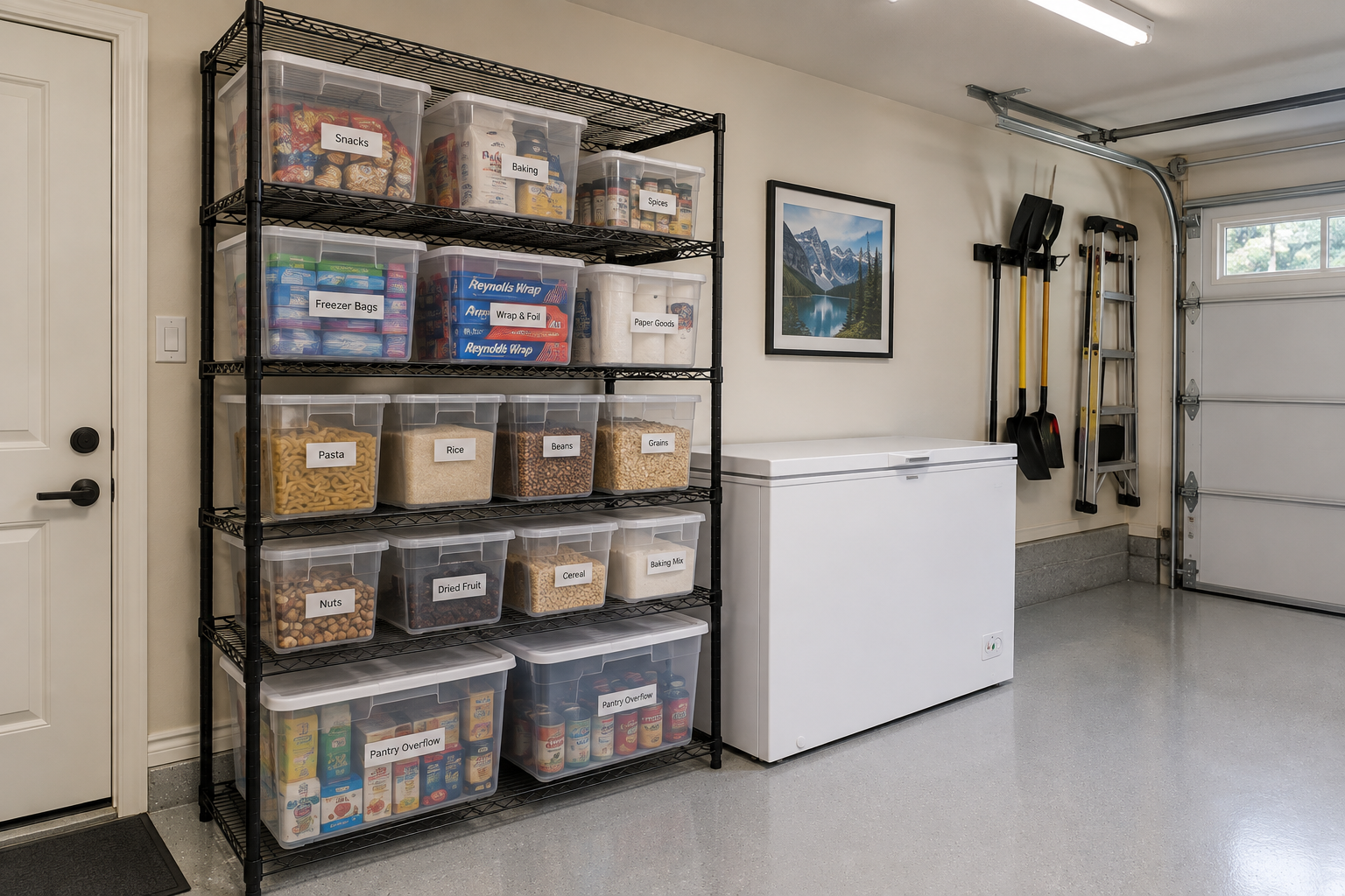 Black wire shelving unit beside white chest freezer holding labeled clear storage bins