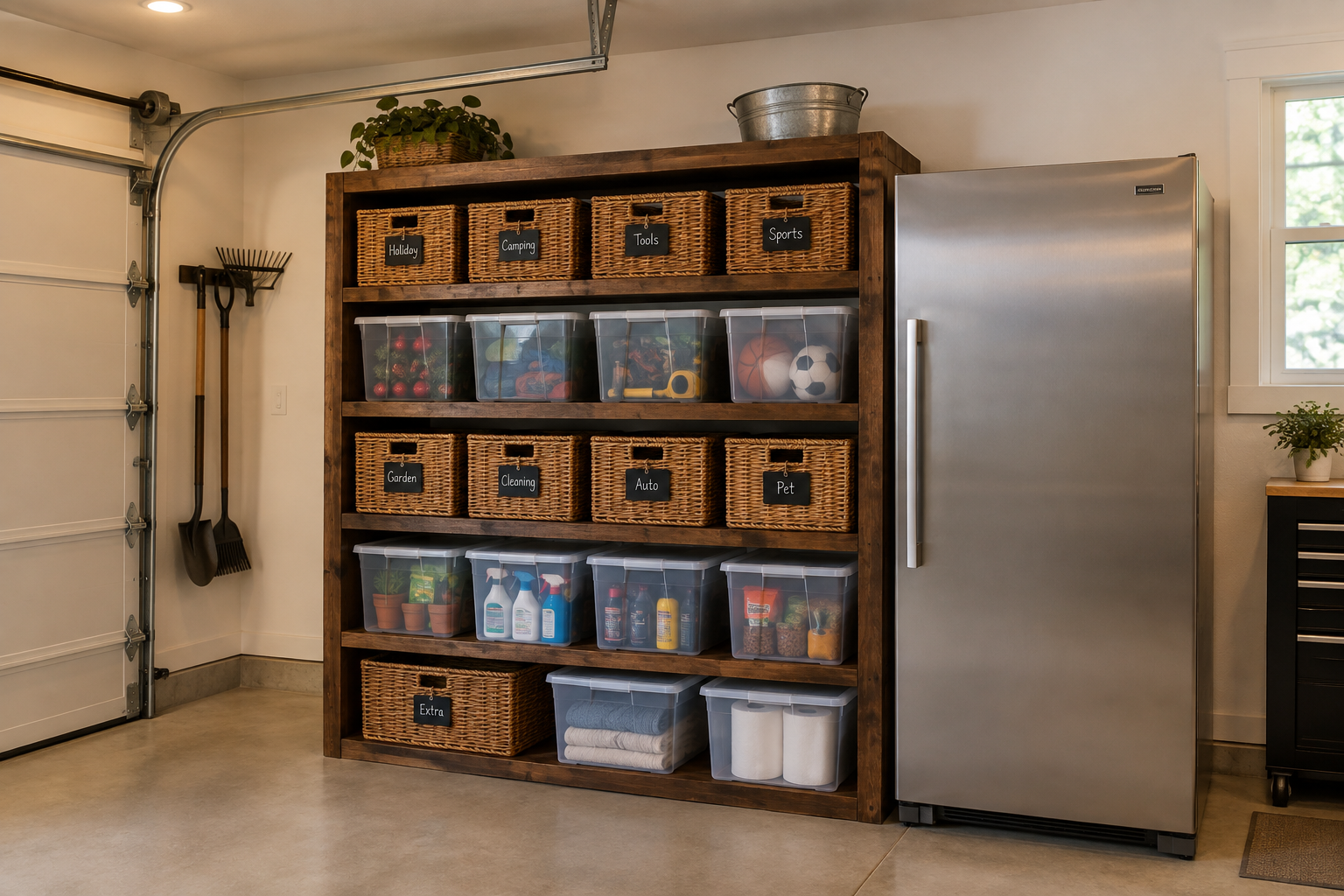 DIY dark walnut shelving unit beside stainless upright freezer with wicker baskets and chalkboard labels