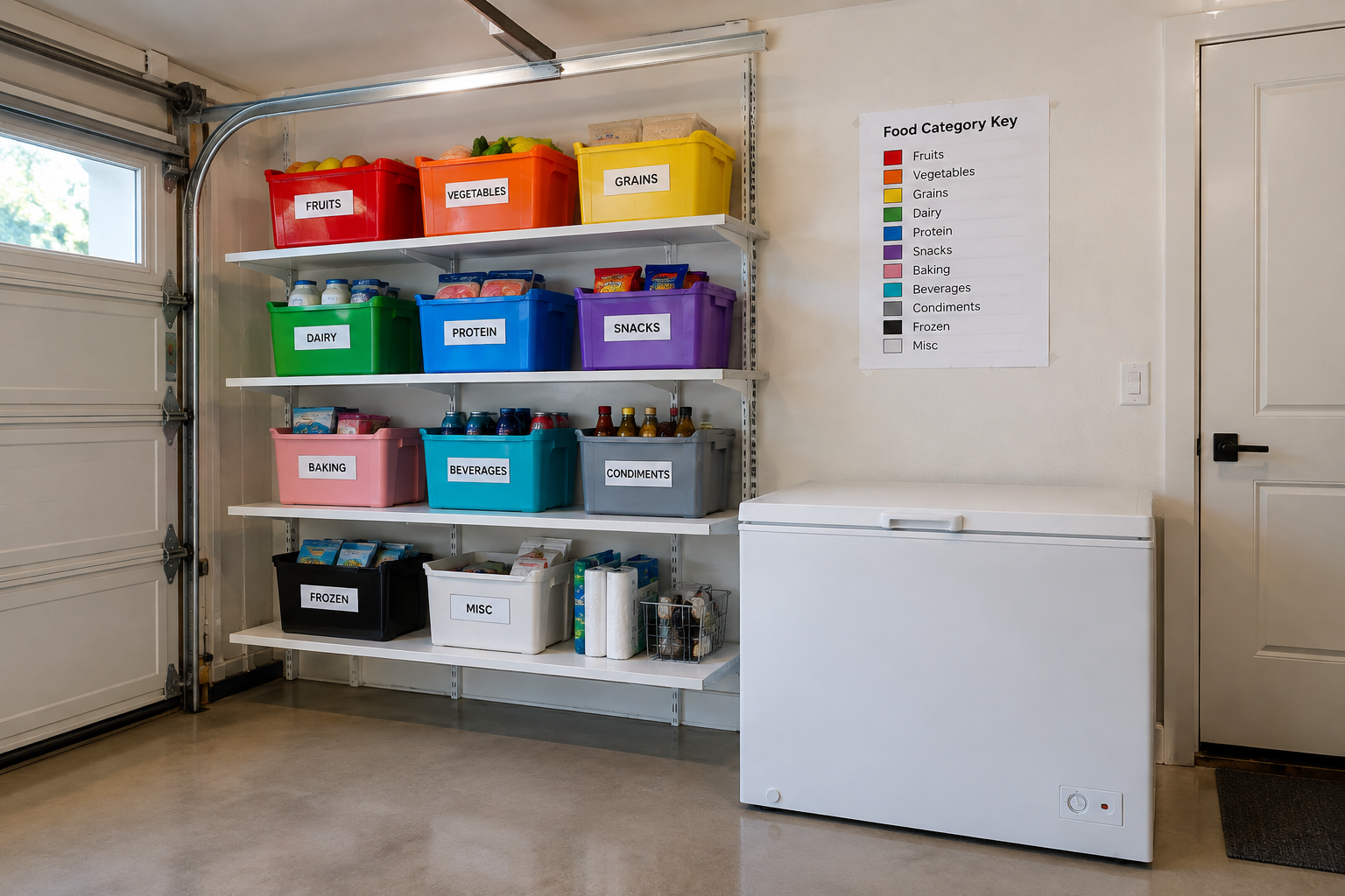 Wall-mounted adjustable shelves beside chest freezer with color-coded food storage bins