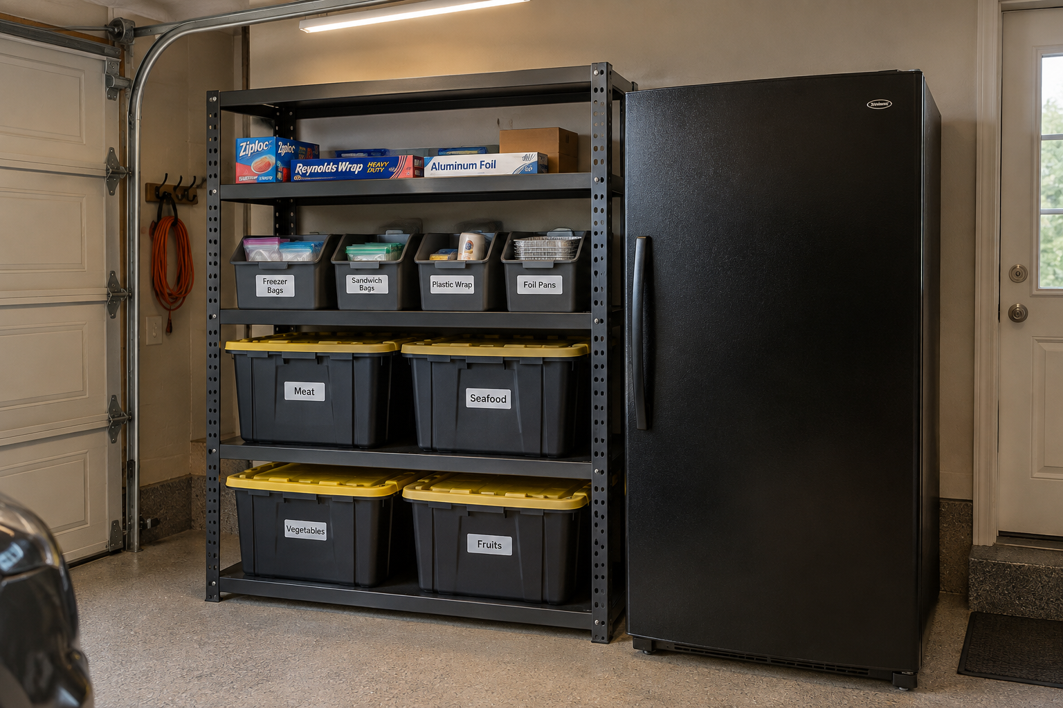 Heavy-duty steel shelving beside black upright freezer with stackable labeled totes and freezer supplies