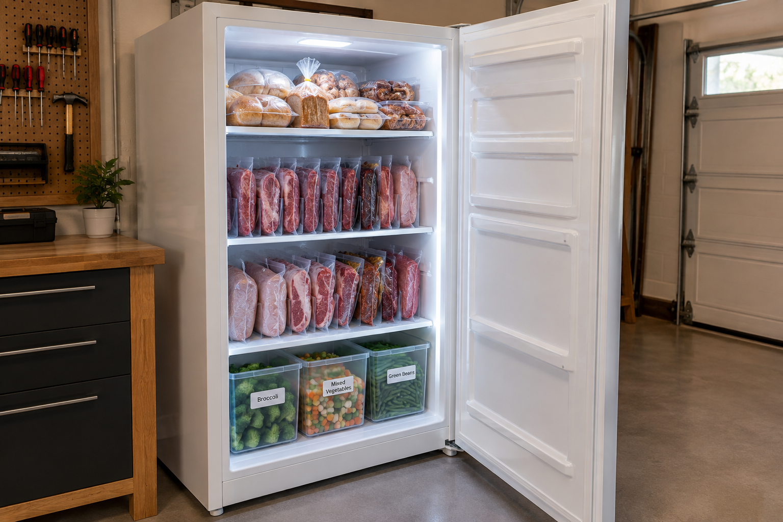 Open upright garage freezer with clearly organized shelf zones for meat, bread, and vegetables
