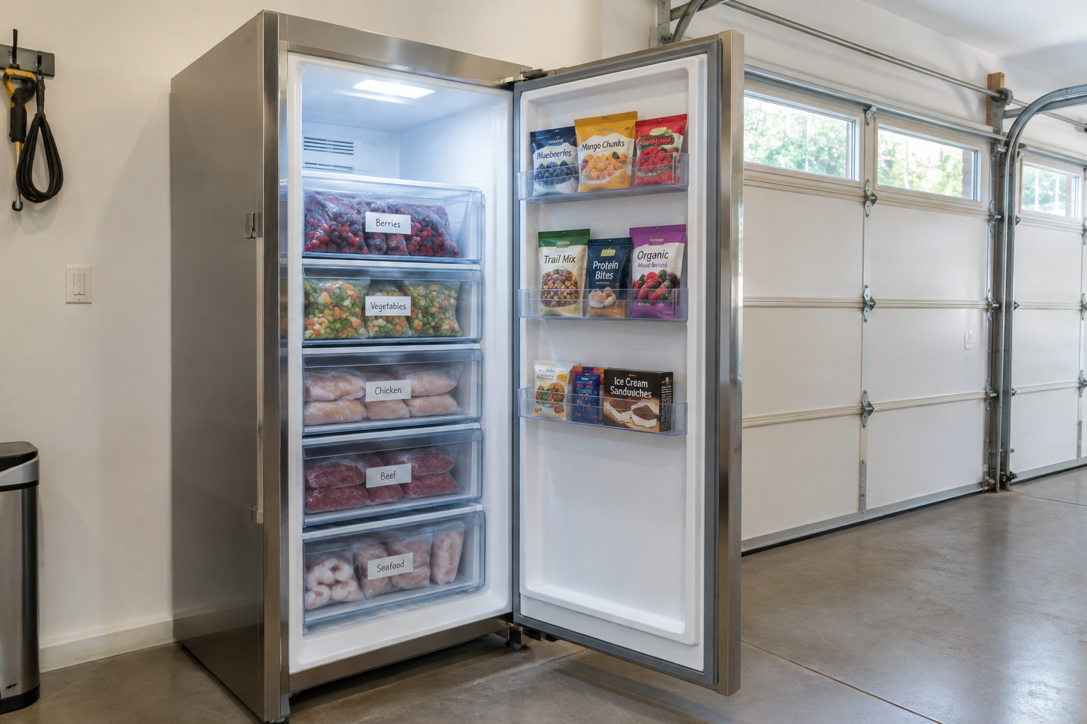 Stainless upright freezer with clear acrylic drawer bins and labeled food zones