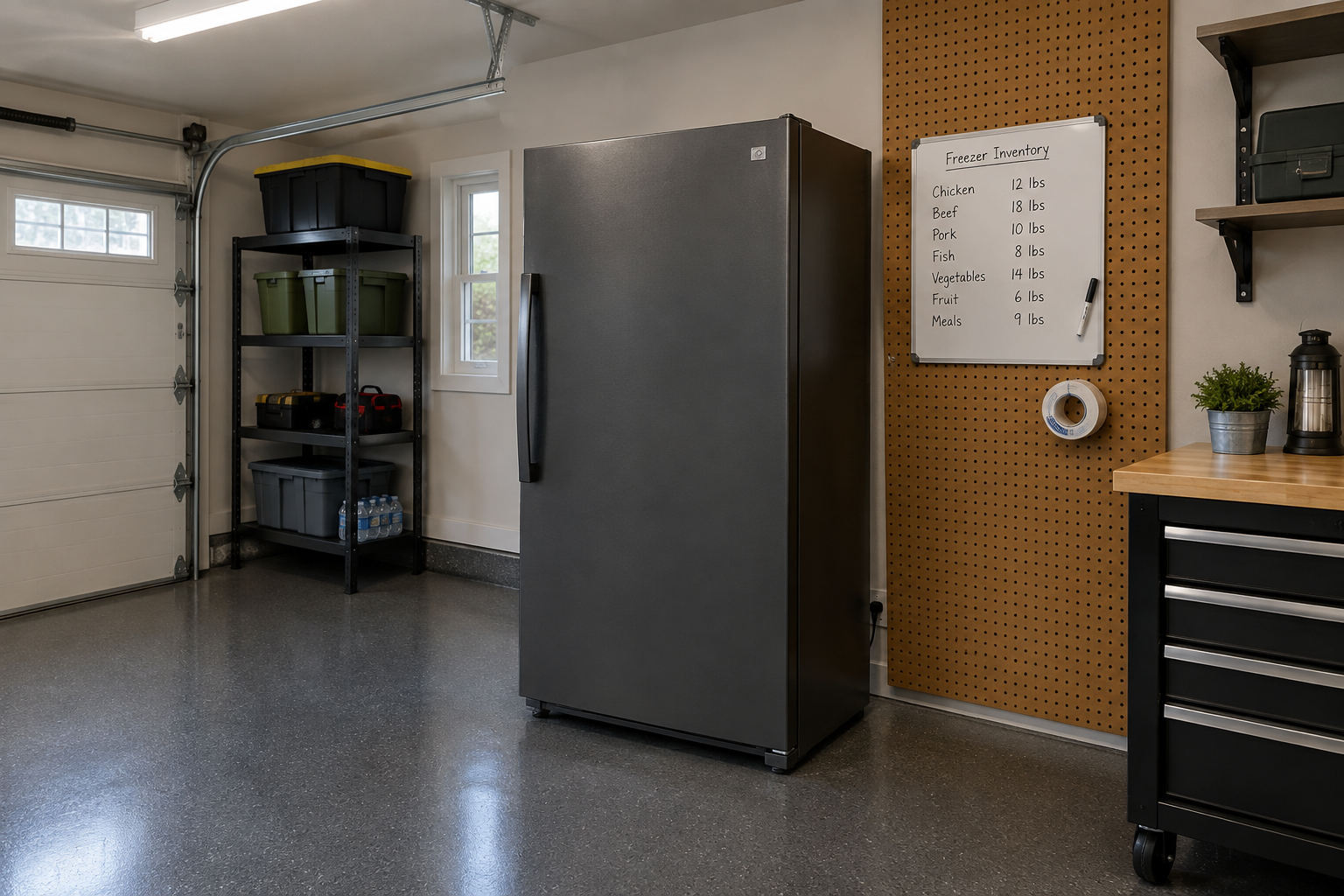 Gray upright garage freezer beside pegboard panel with dry-erase inventory board