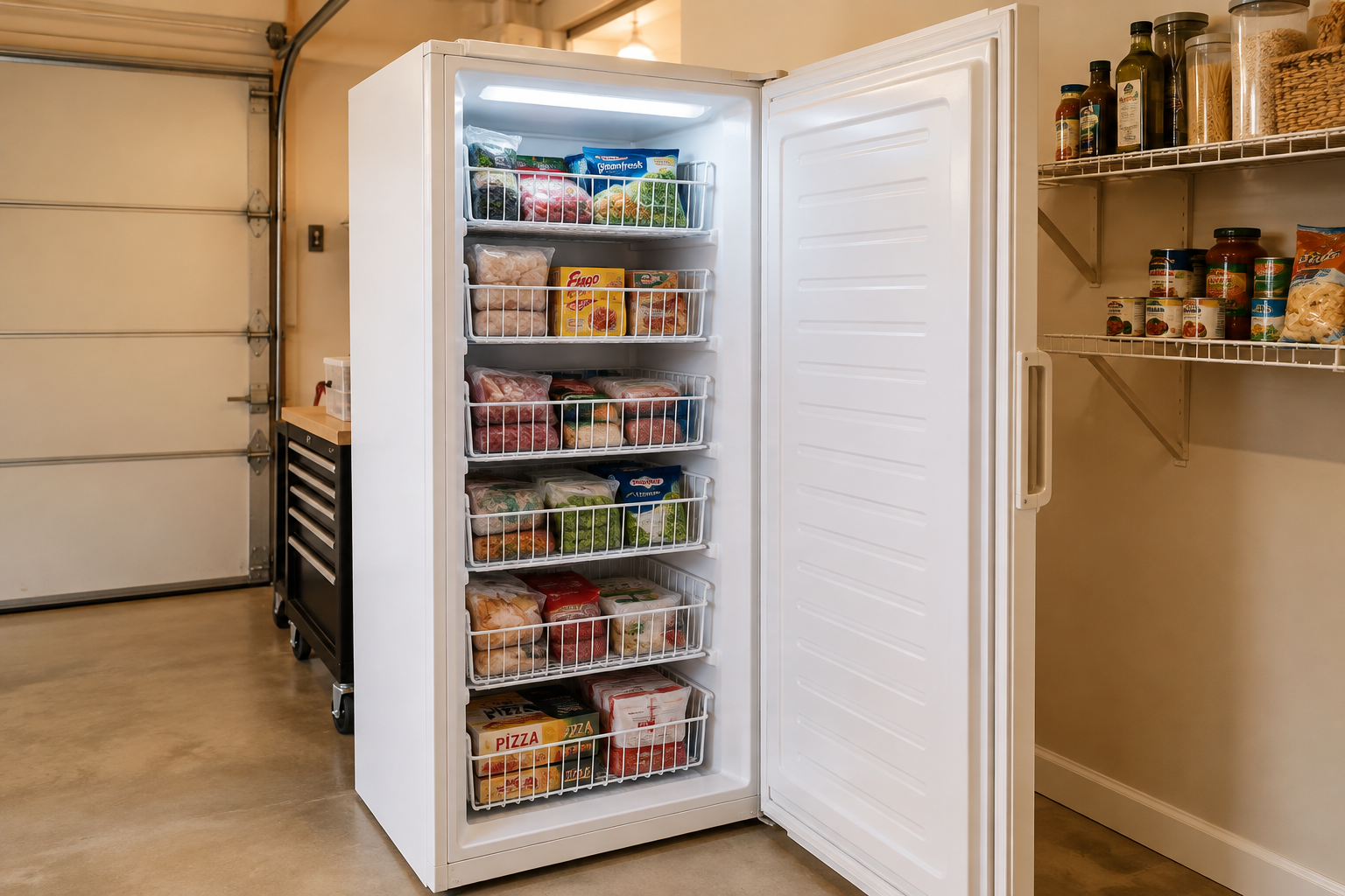 White upright freezer with wire basket shelves and supplemental LED lighting inside