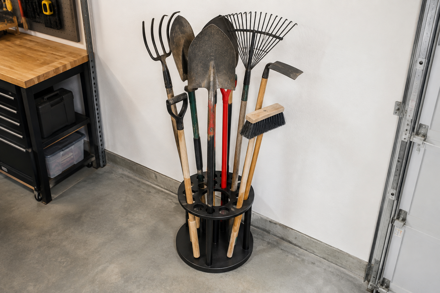 Round black steel freestanding corner tool stand holding eight garden tools in a white garage