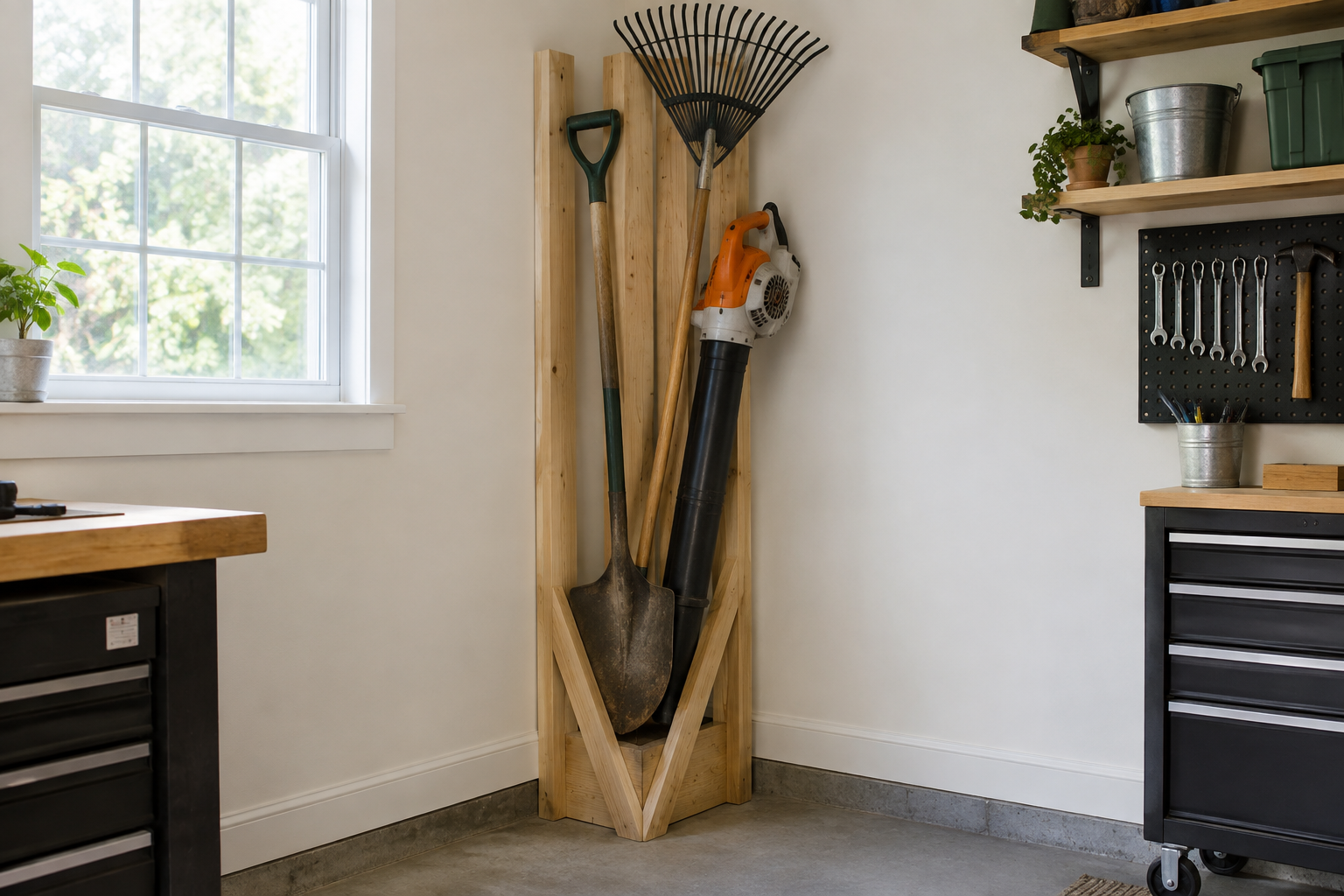 DIY pine wood V-shaped corner tool rack holding shovel rake and leaf blower in cream garage