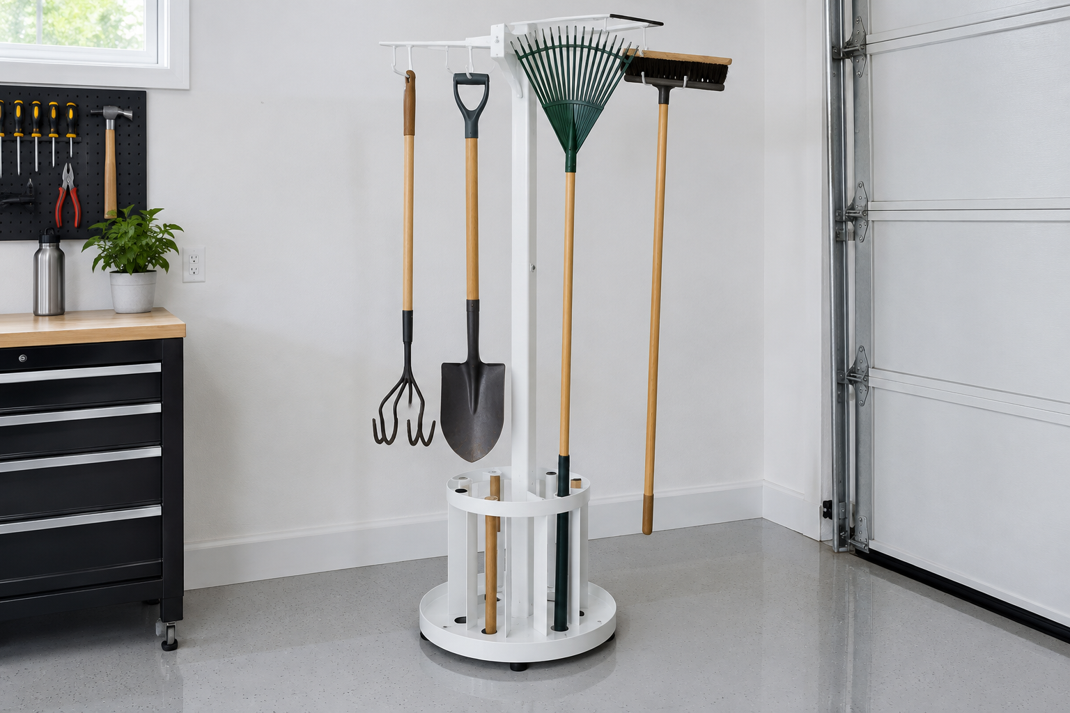 White two-tier steel freestanding tool organizer with hooks holding cultivator spade rake and broom
