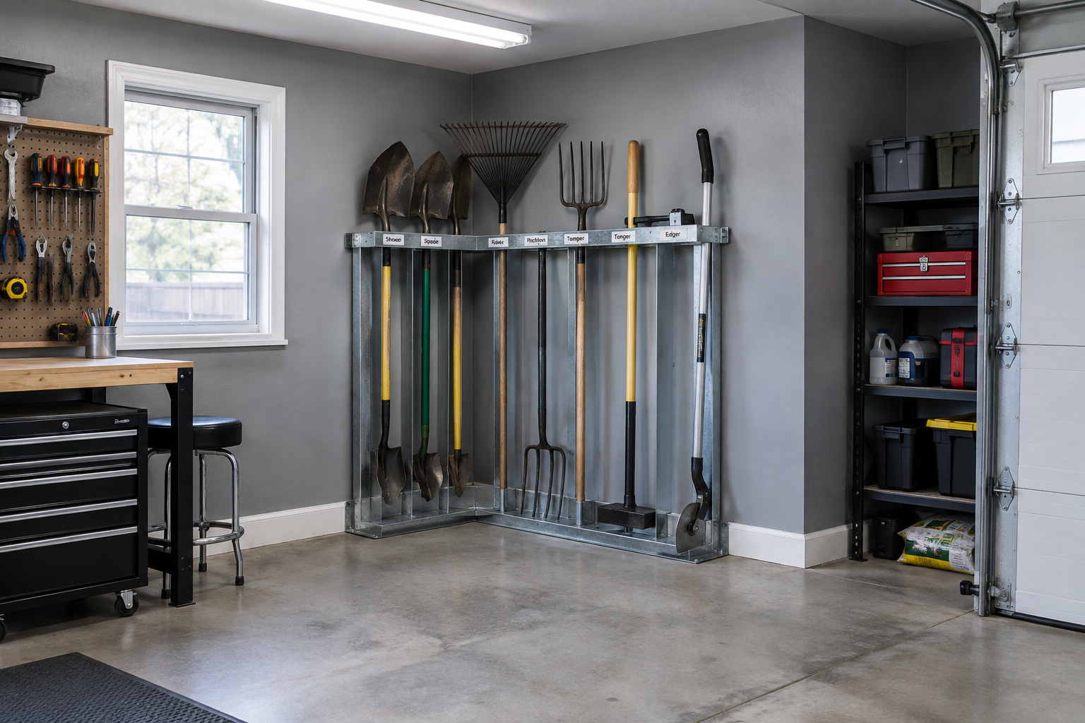 Heavy-duty galvanized steel corner rack bolted to garage walls holding twelve labeled garden tools