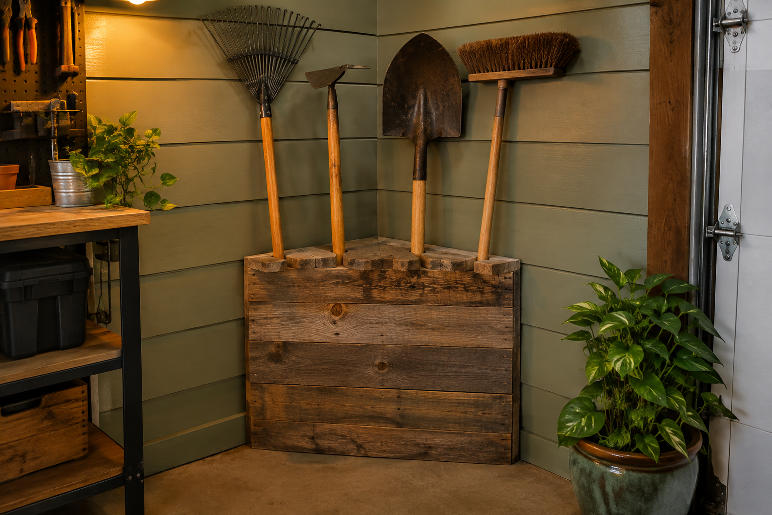 Rustic reclaimed pallet wood corner tool holder with hand-cut slots in a sage green shiplap garage