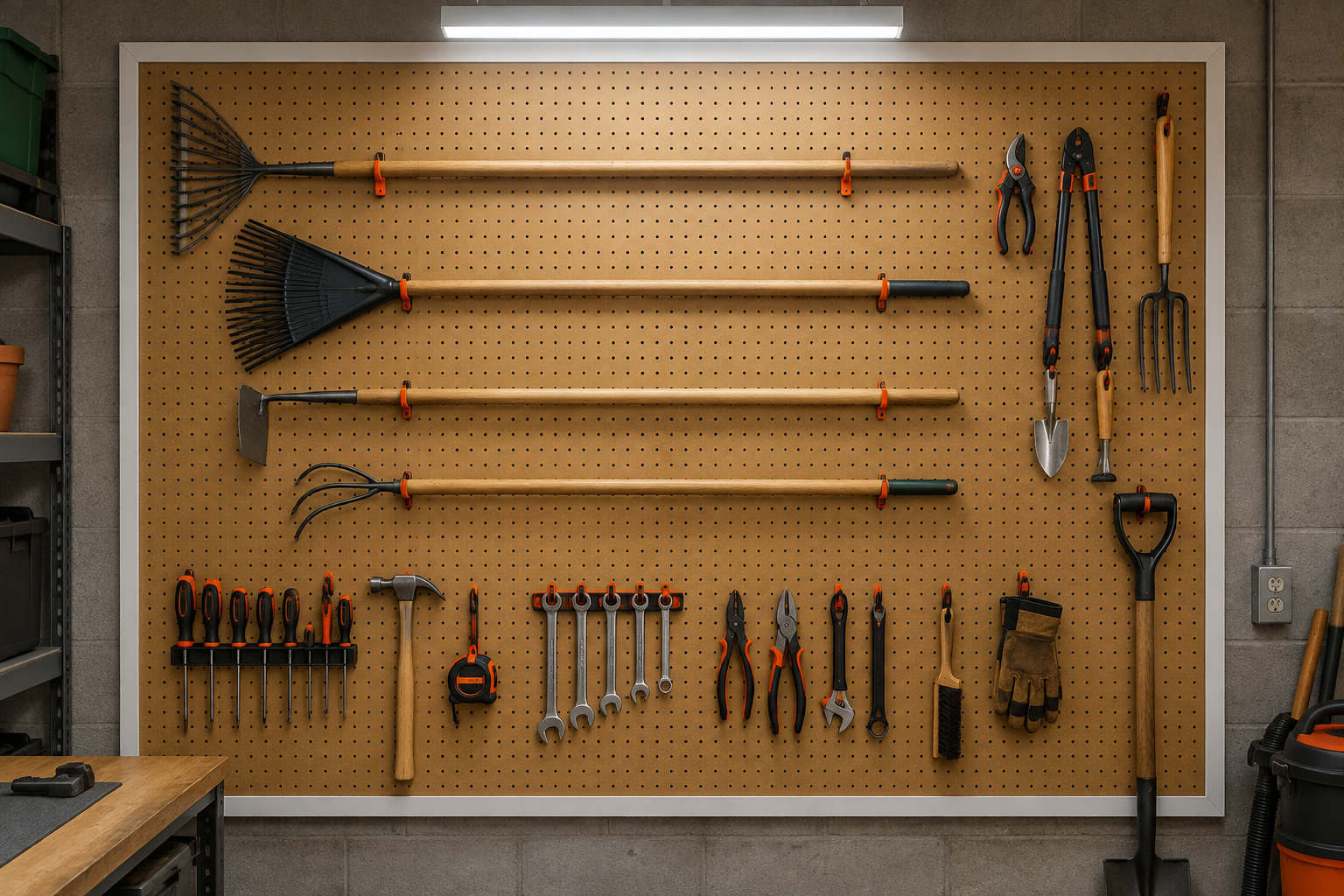 Large tan pegboard with orange hooks holding flat rake leaf rake hoe and cultivator in a garage