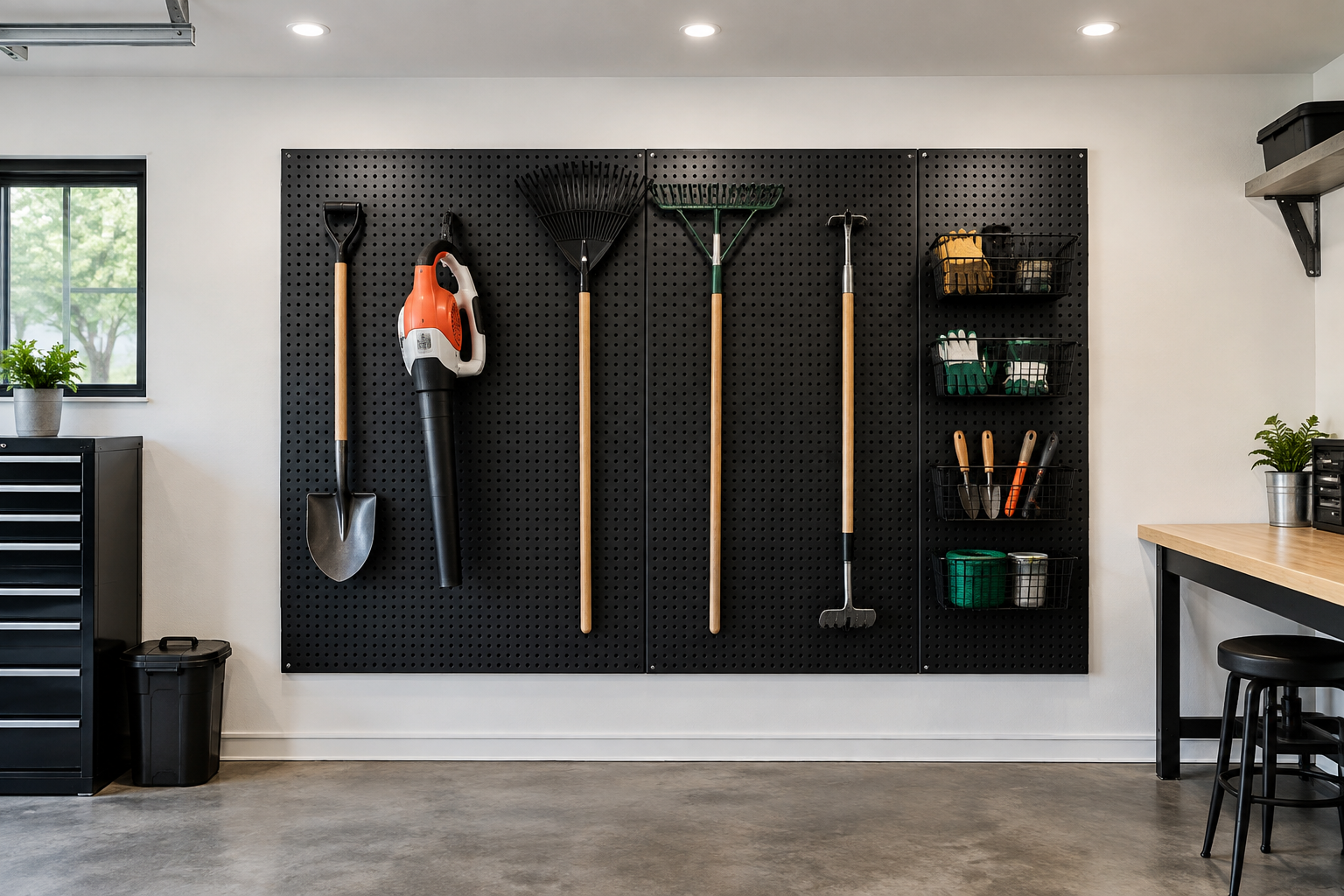 Black metal pegboard wall with sleek hooks holding shovel rakes leaf blower and small garden accessories