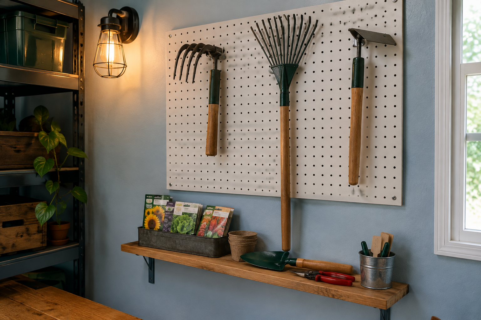 Small white pegboard panel with mixed hooks and shelf holding garden tools in a pale blue garage