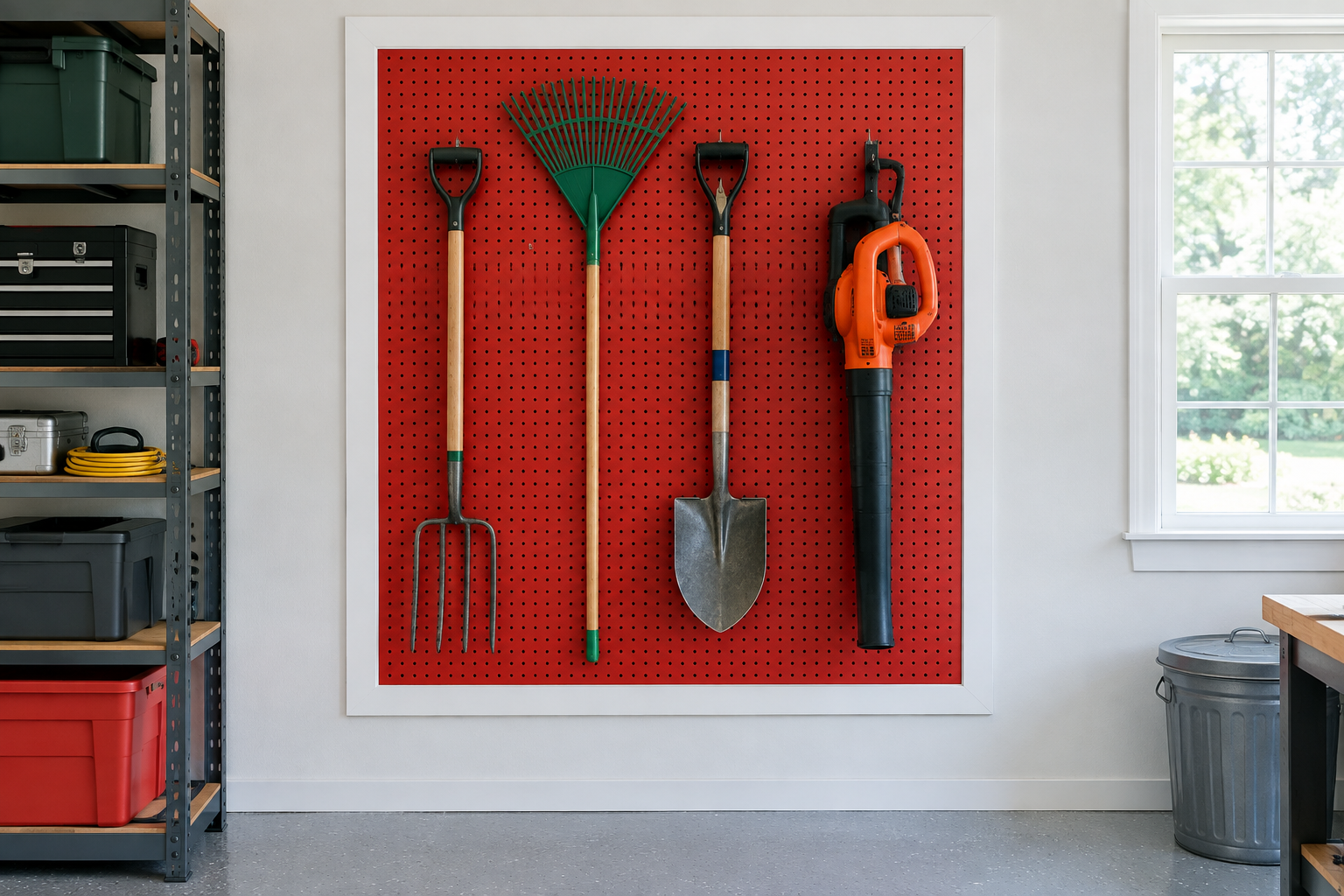 Red painted pegboard panel with black hooks holding garden fork rakes spade and leaf blower