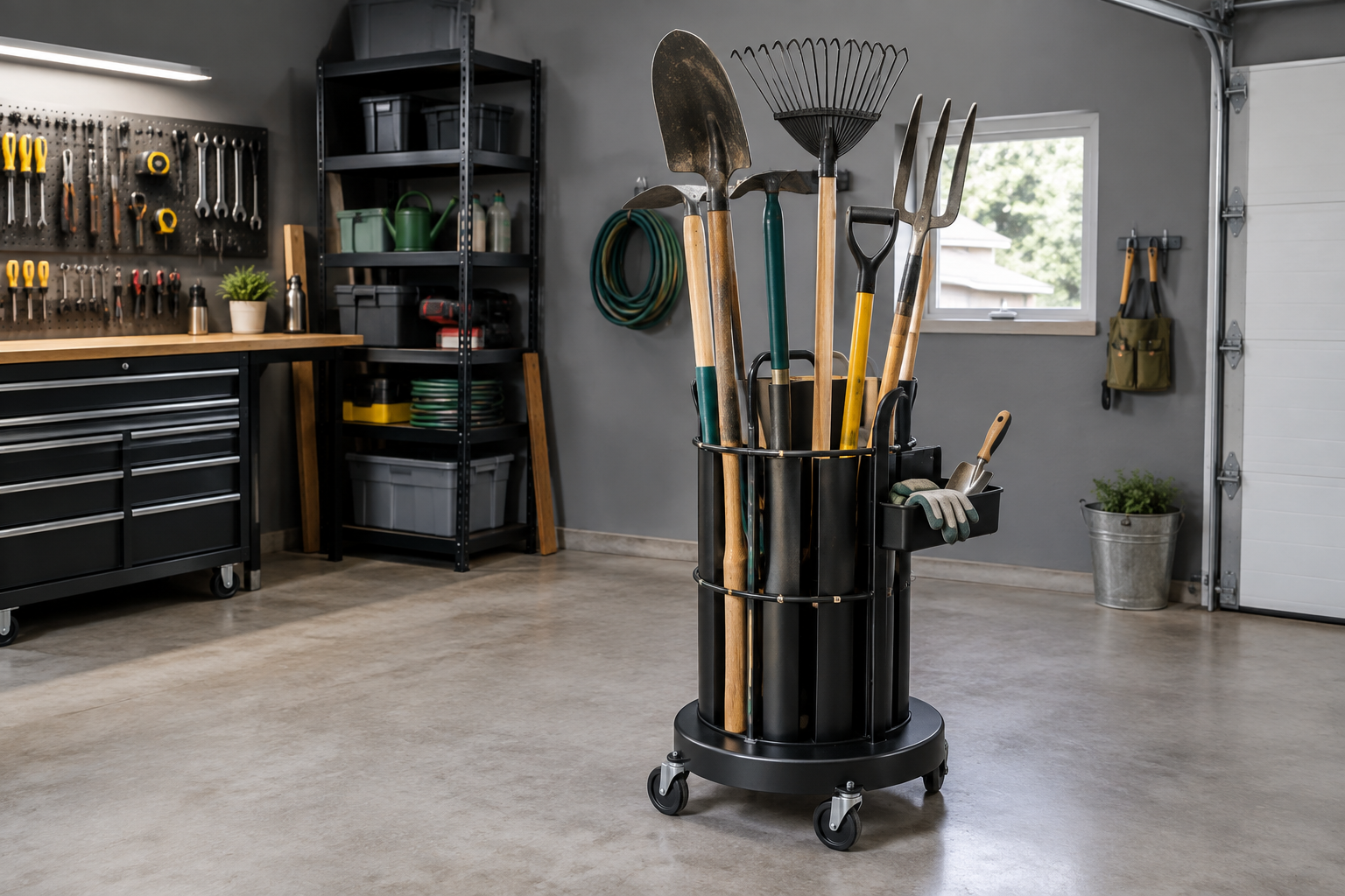 Black cylindrical rolling garden tool caddy on swivel wheels holding eight long-handled tools in gray garage
