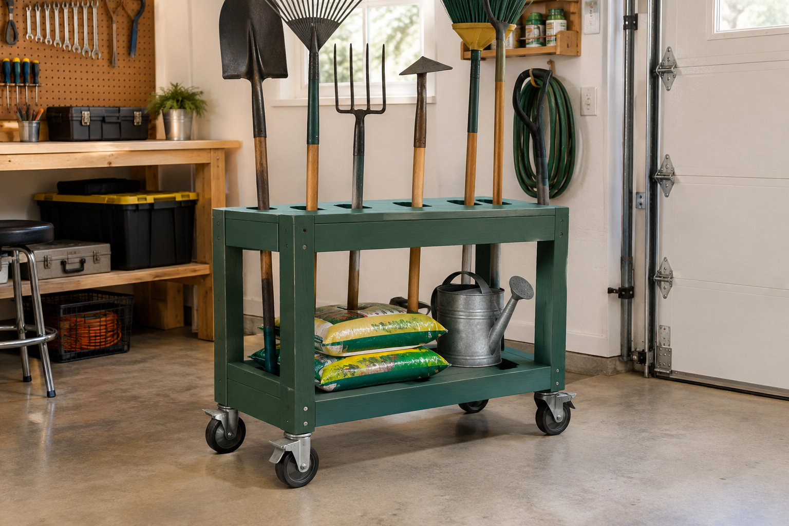 DIY green painted wooden rolling tool caddy with slots and lower shelf holding garden tools and supplies