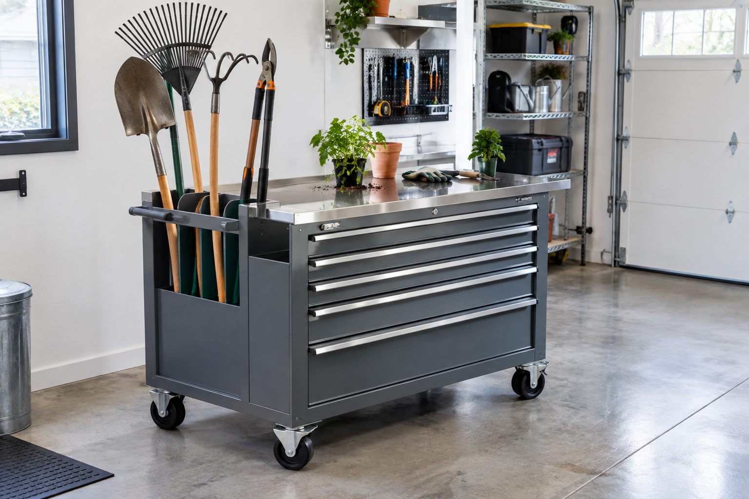Gray metal rolling tool cart with drawers and open top section holding garden tools with stainless work surface