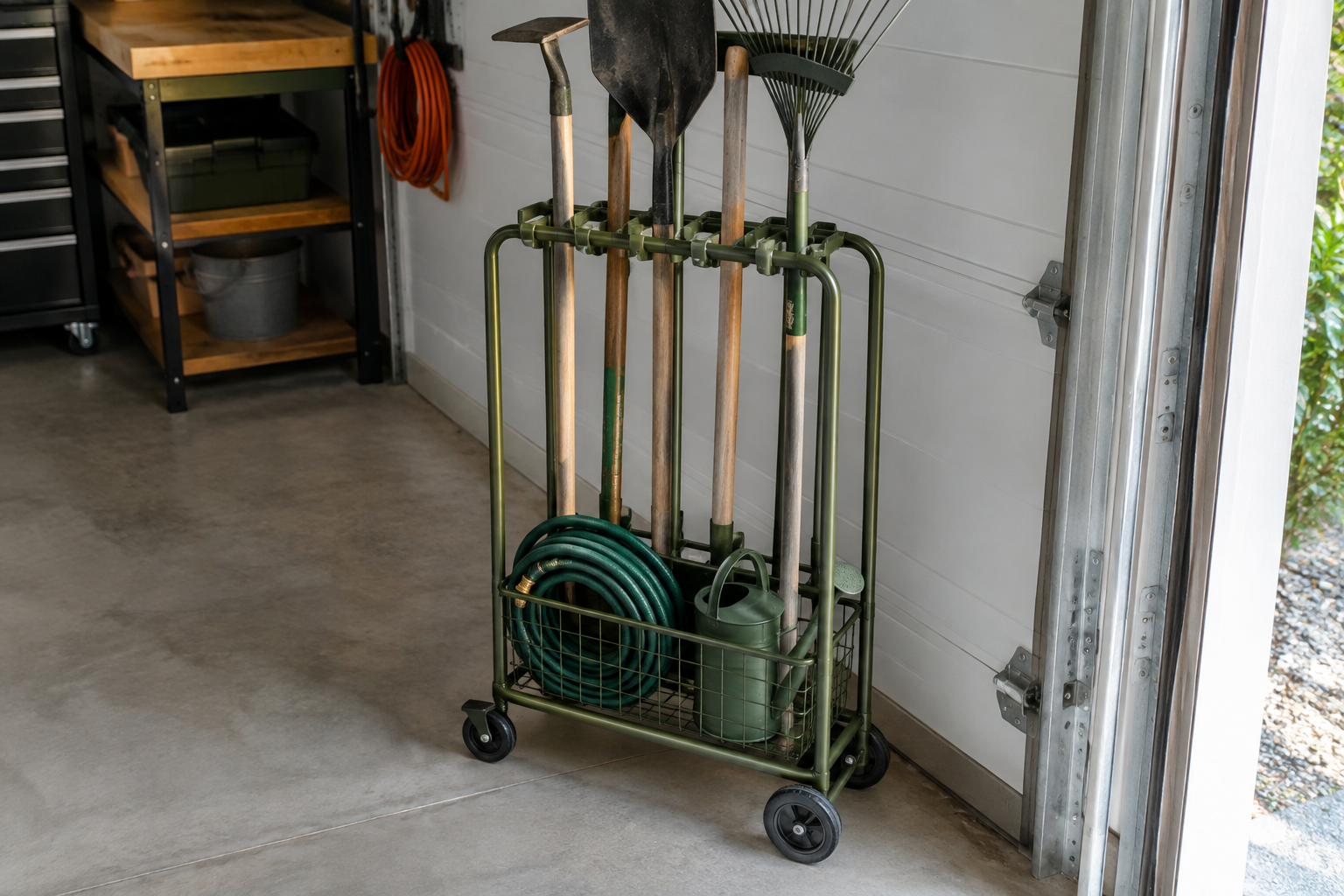 Slim olive green steel rolling tool caddy with basket holding four garden tools near open garage door