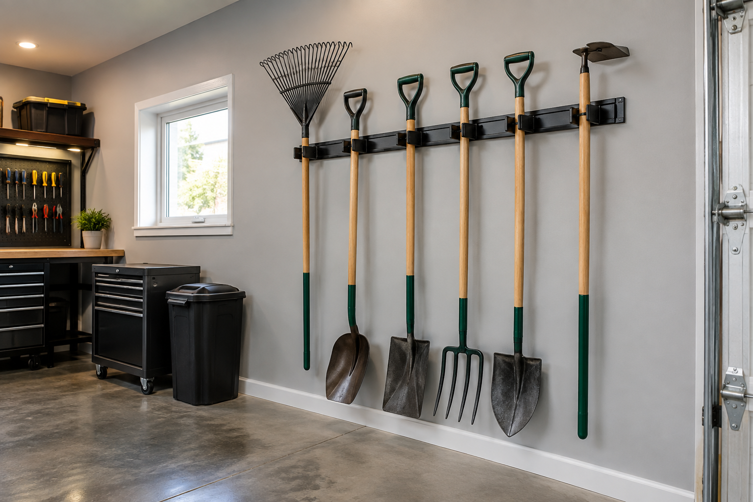Black powder-coated steel wall rack holding rakes shovels and hoe in a light gray garage