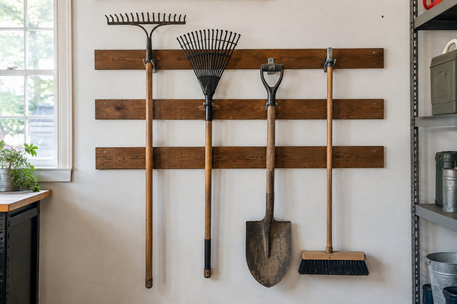 Cedar wood strip tool rack with galvanized hooks holding garden rake leaf rake spade and broom