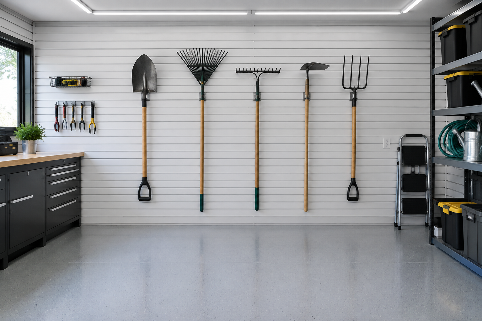 White slatwall garage wall with metal hooks holding shovel rakes hoe and pitchfork neatly