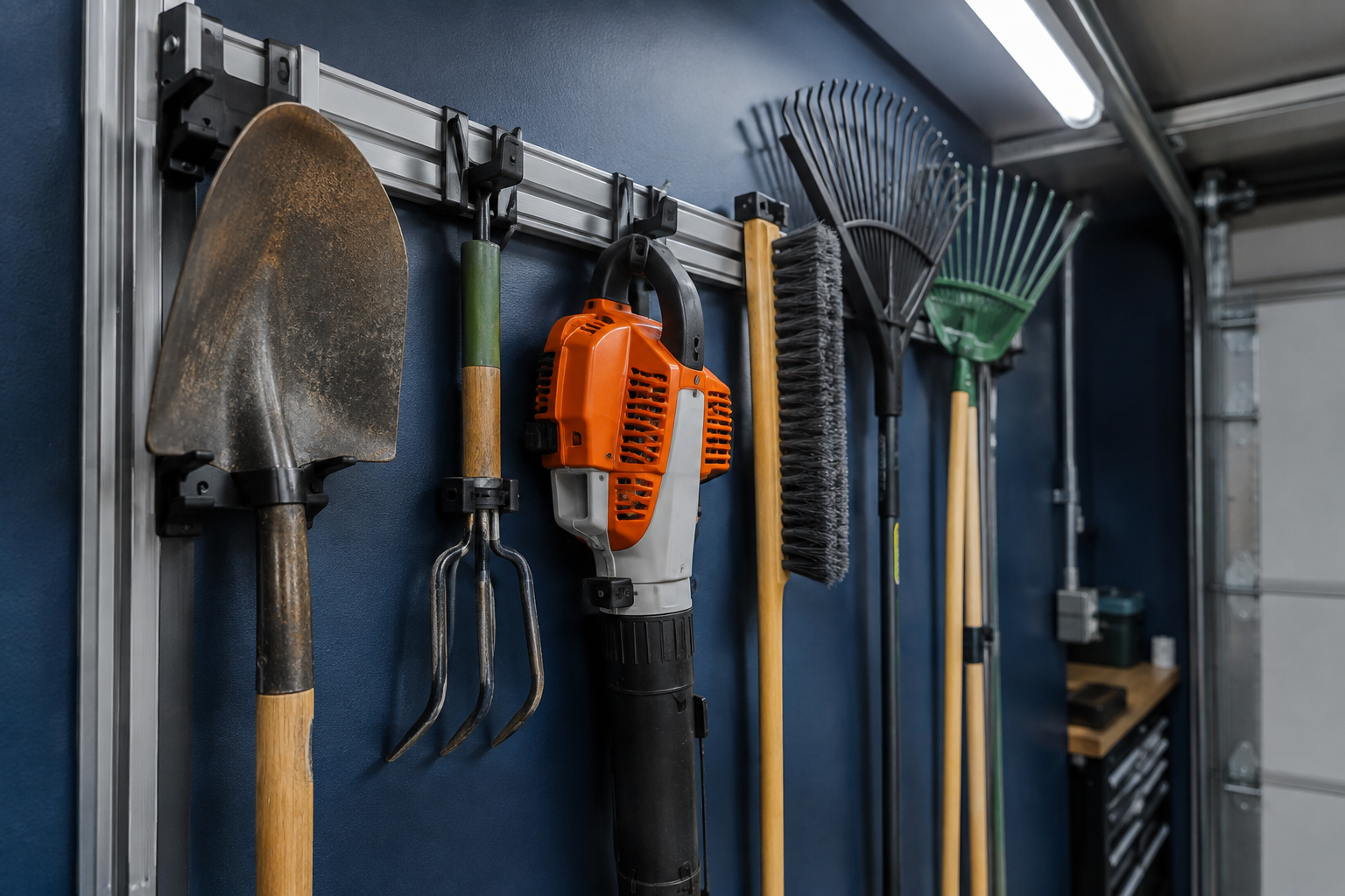 Vertical aluminum rail tool organizer on navy blue garage wall holding six garden tools