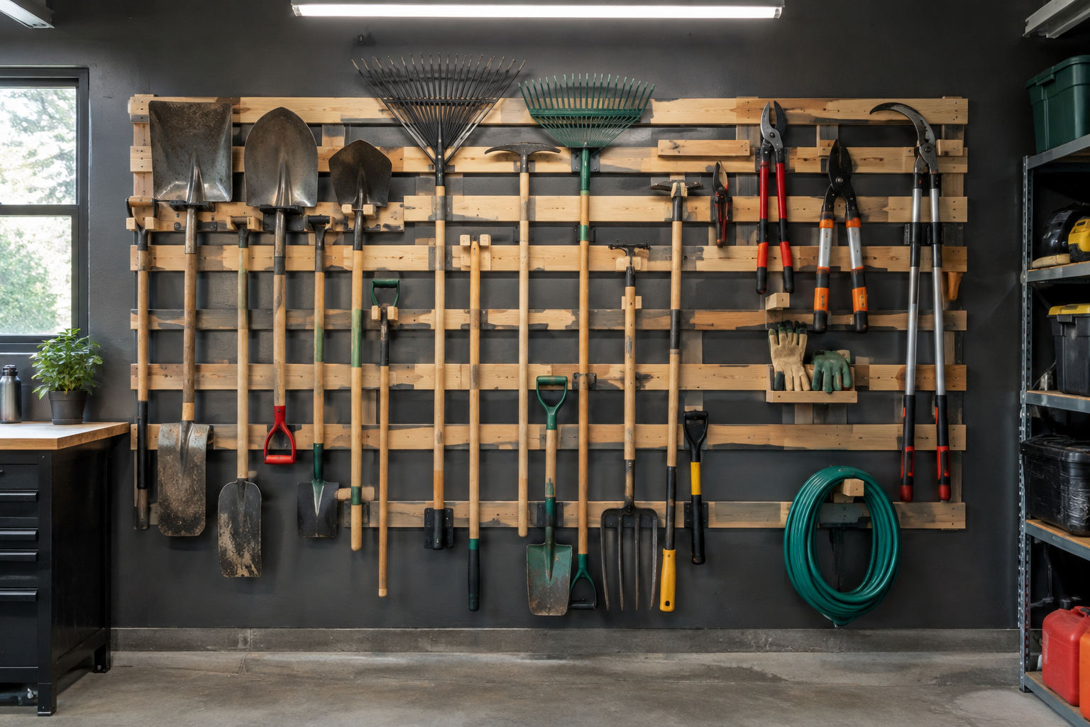 Wooden French cleat wall system in charcoal gray garage holding shovels rakes hoes and pruning shears