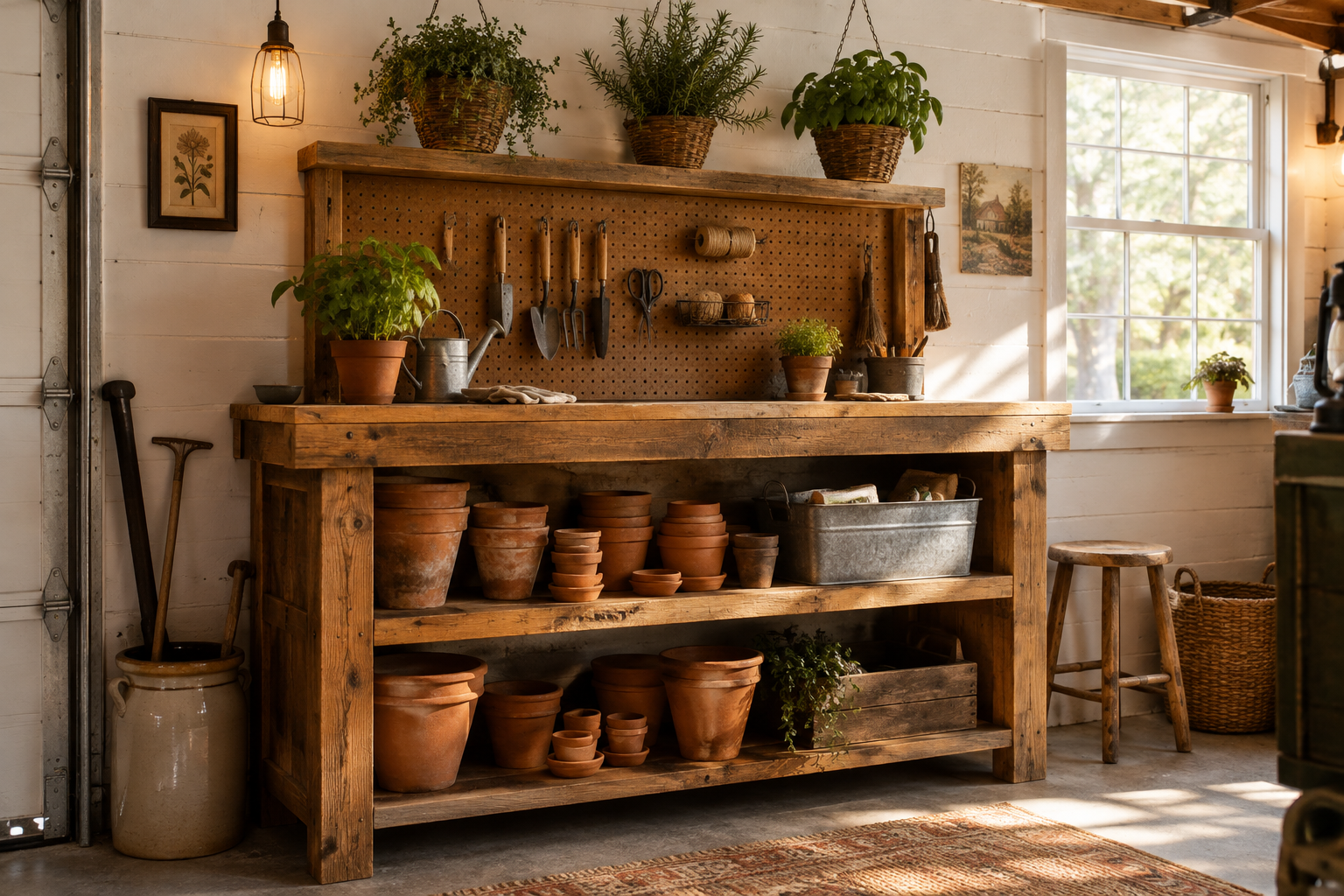 Rustic cedar potting bench with pegboard back panel and stacked terracotta pots in a garage