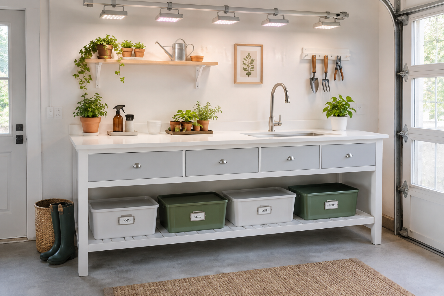 Modern white potting bench with integrated sink and labeled bins in a bright garage gardening station