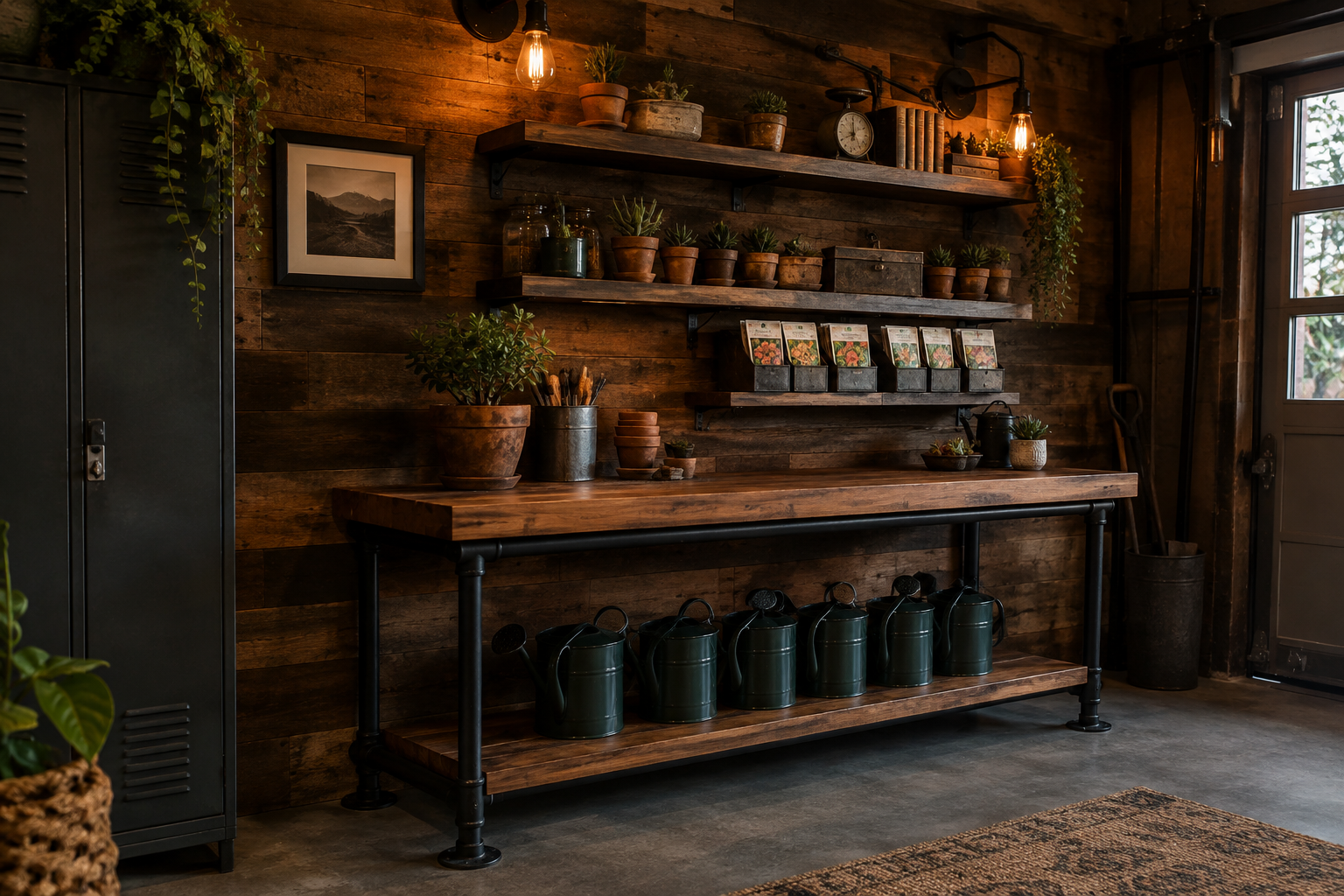 Industrial black pipe frame potting bench with butcher block top and dark green watering cans