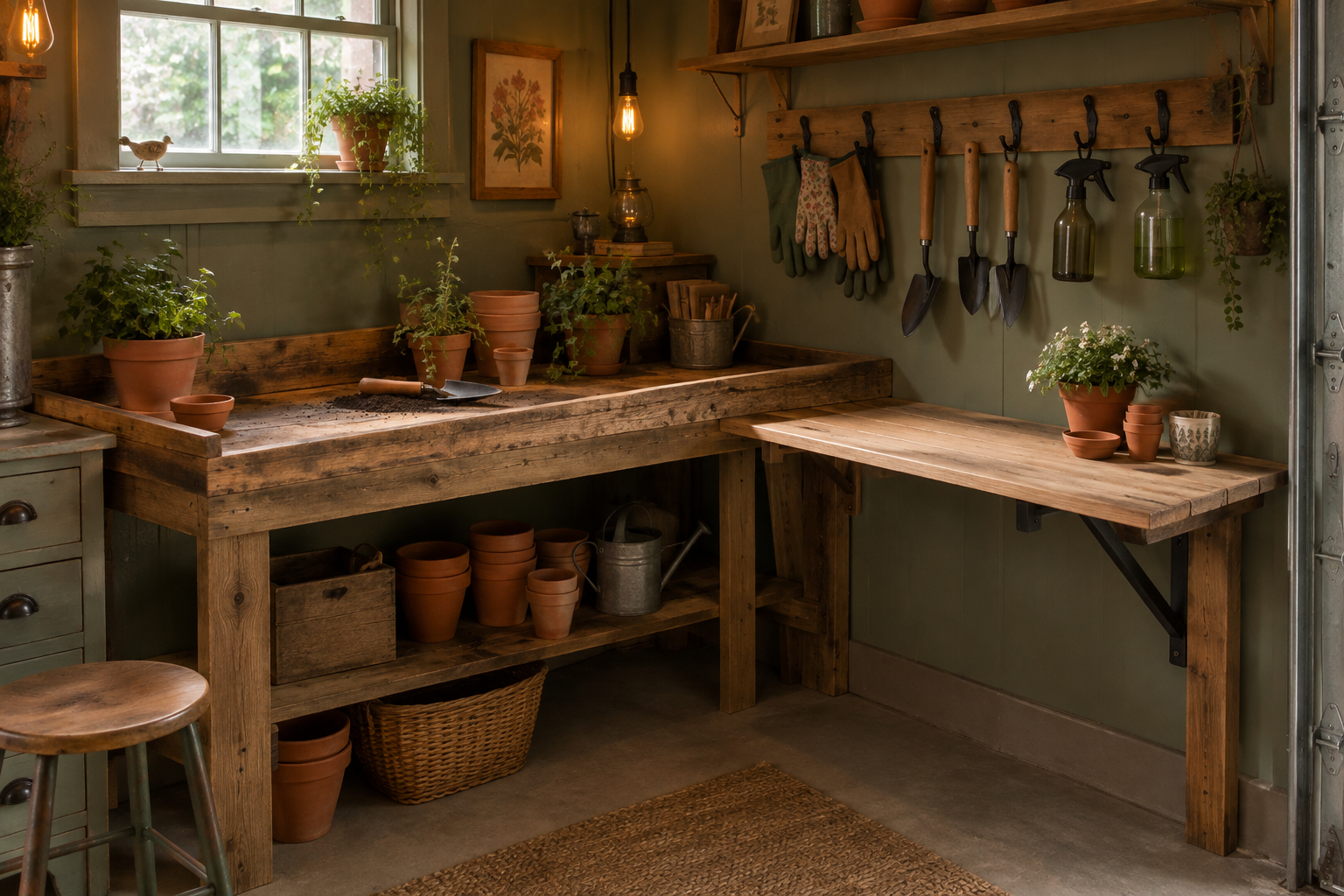 L-shaped corner potting bench in sage green with fold-down extension and wall hooks in garage