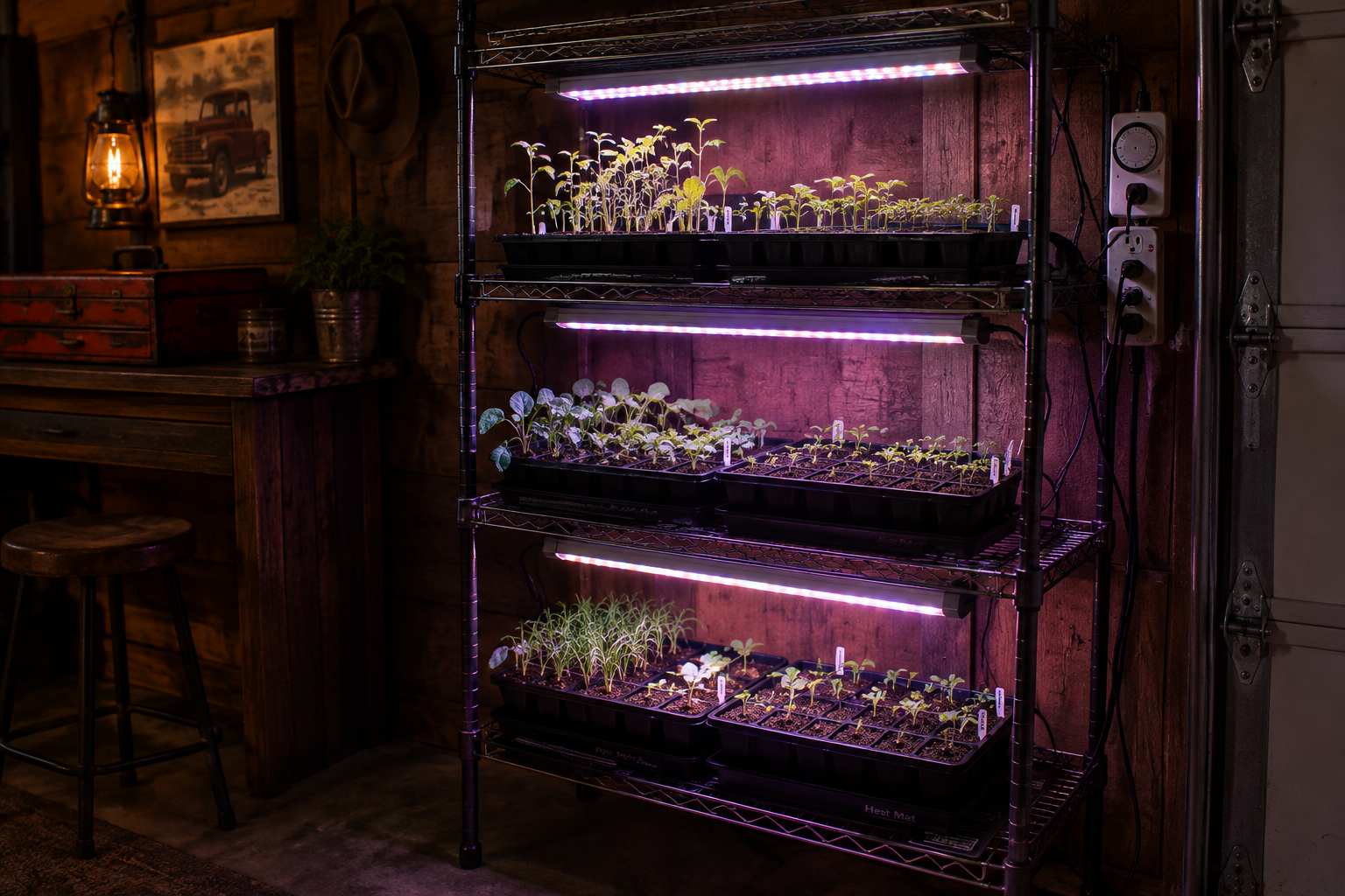 Three-tier wire shelf seed starting station with LED grow lights and heat mats in a garage