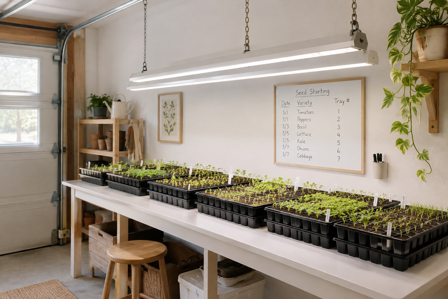 Scandinavian style seed starting table with grow light bars and planting date whiteboard in a bright garage